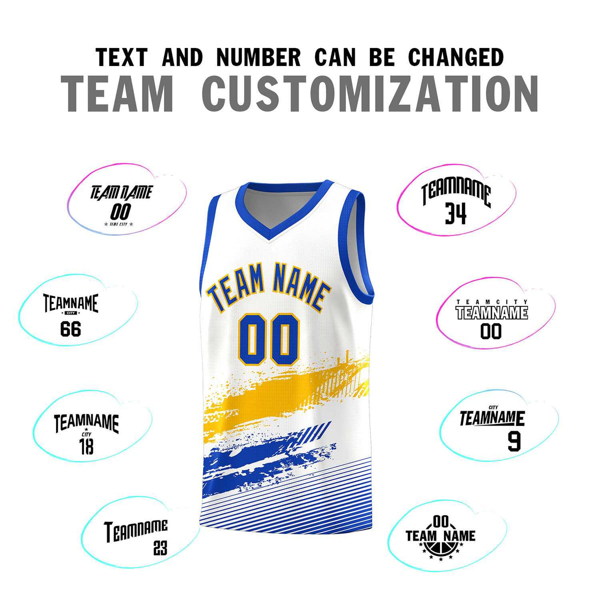 Custom White Yellow and Royal Graffiti Pattern Sports Uniform Basketball Jersey