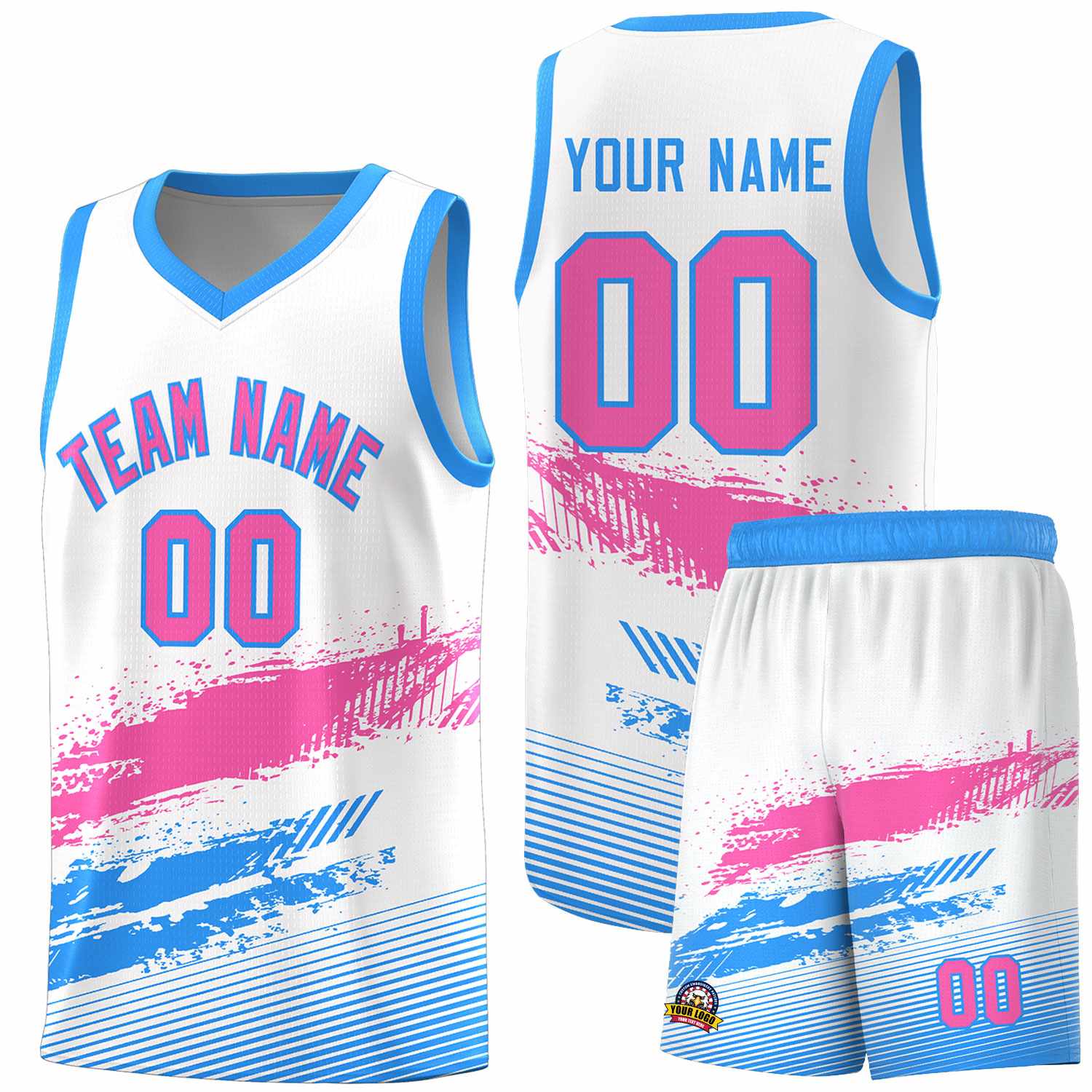 Custom White Pink and Powder Blue Graffiti Pattern Sports Uniform Basketball Jersey