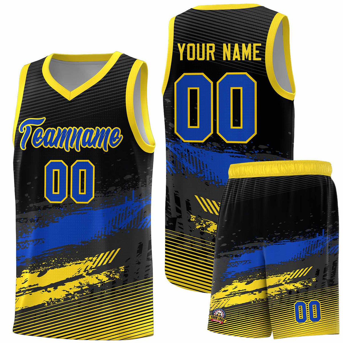 Custom Black Royal and Gold Graffiti Pattern Sports Uniform Basketball Jersey