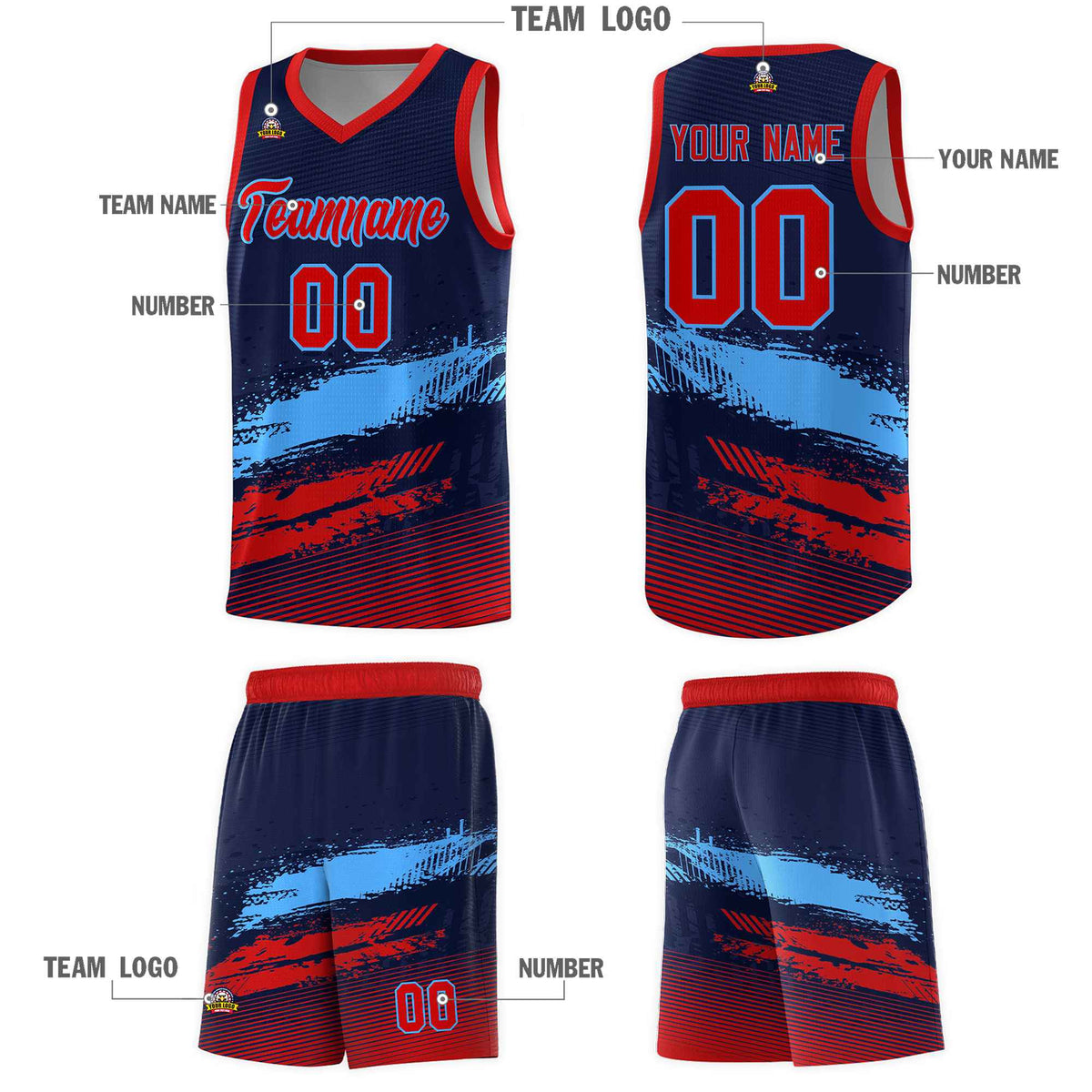Custom Navy Powder Blue and Red Graffiti Pattern Sports Uniform Basketball Jersey