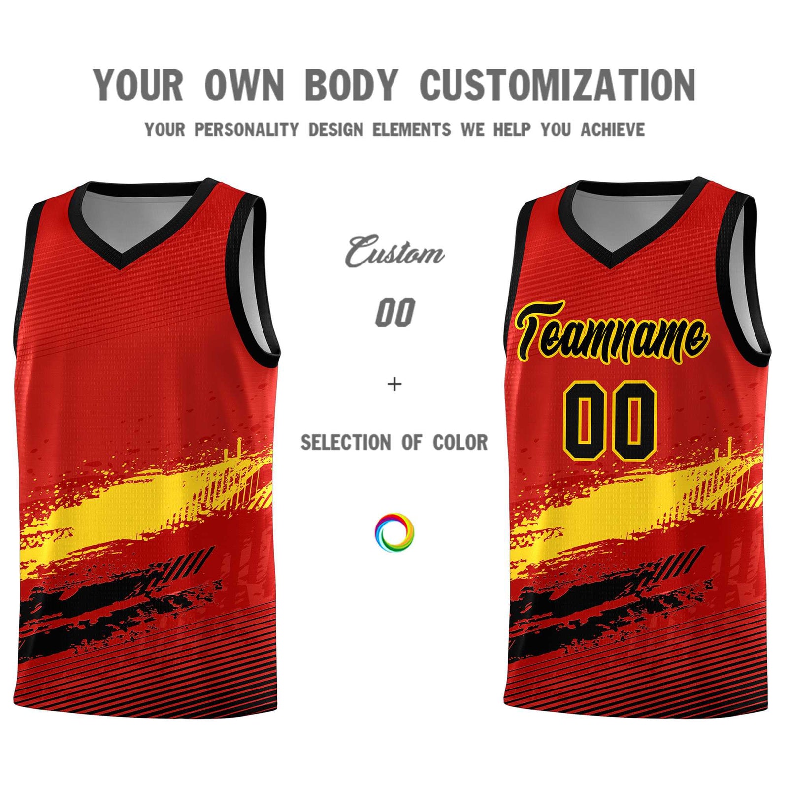 Custom Red Gold and Black Graffiti Pattern Sports Uniform Basketball Jersey