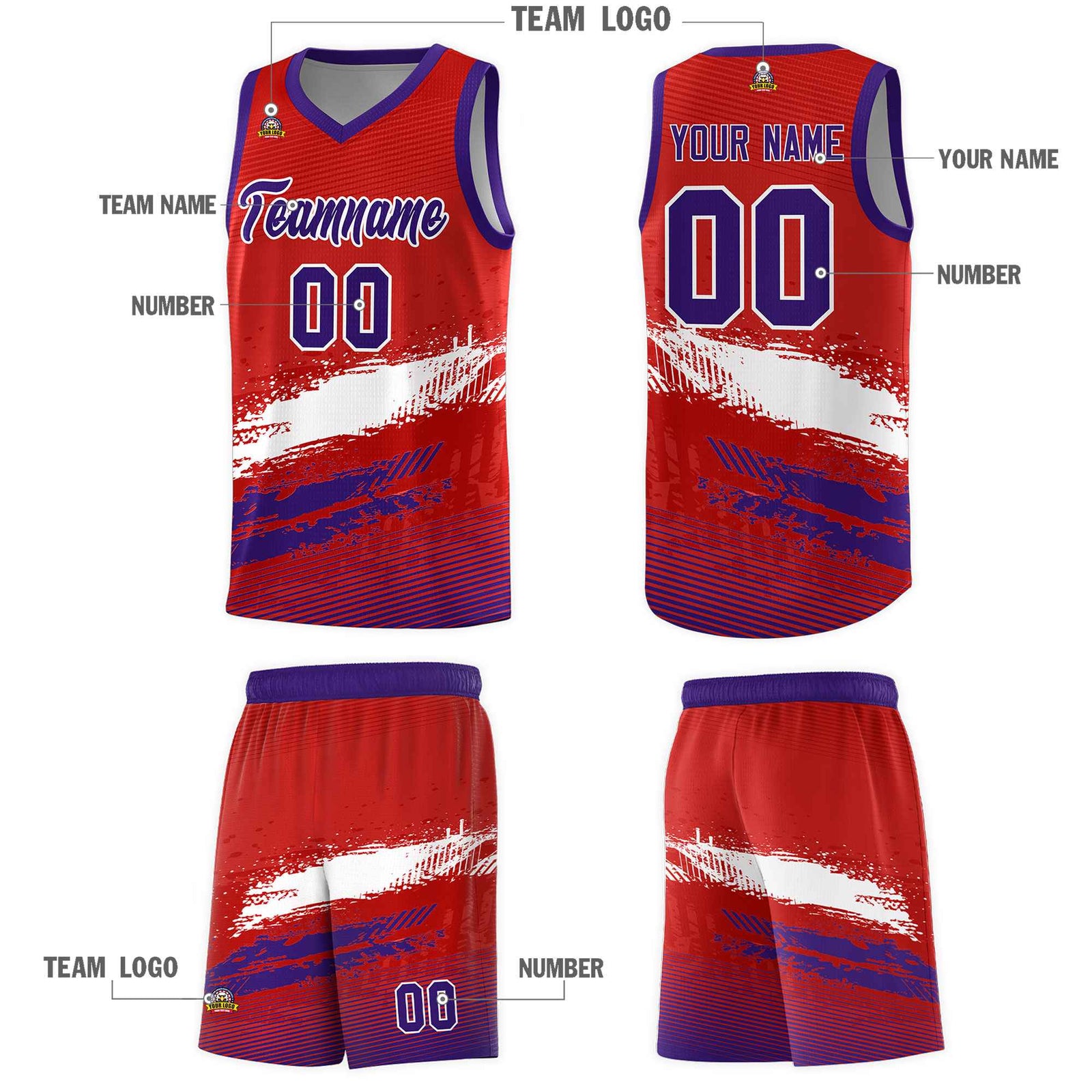 Custom Red White and Purple Graffiti Pattern Sports Uniform Basketball Jersey