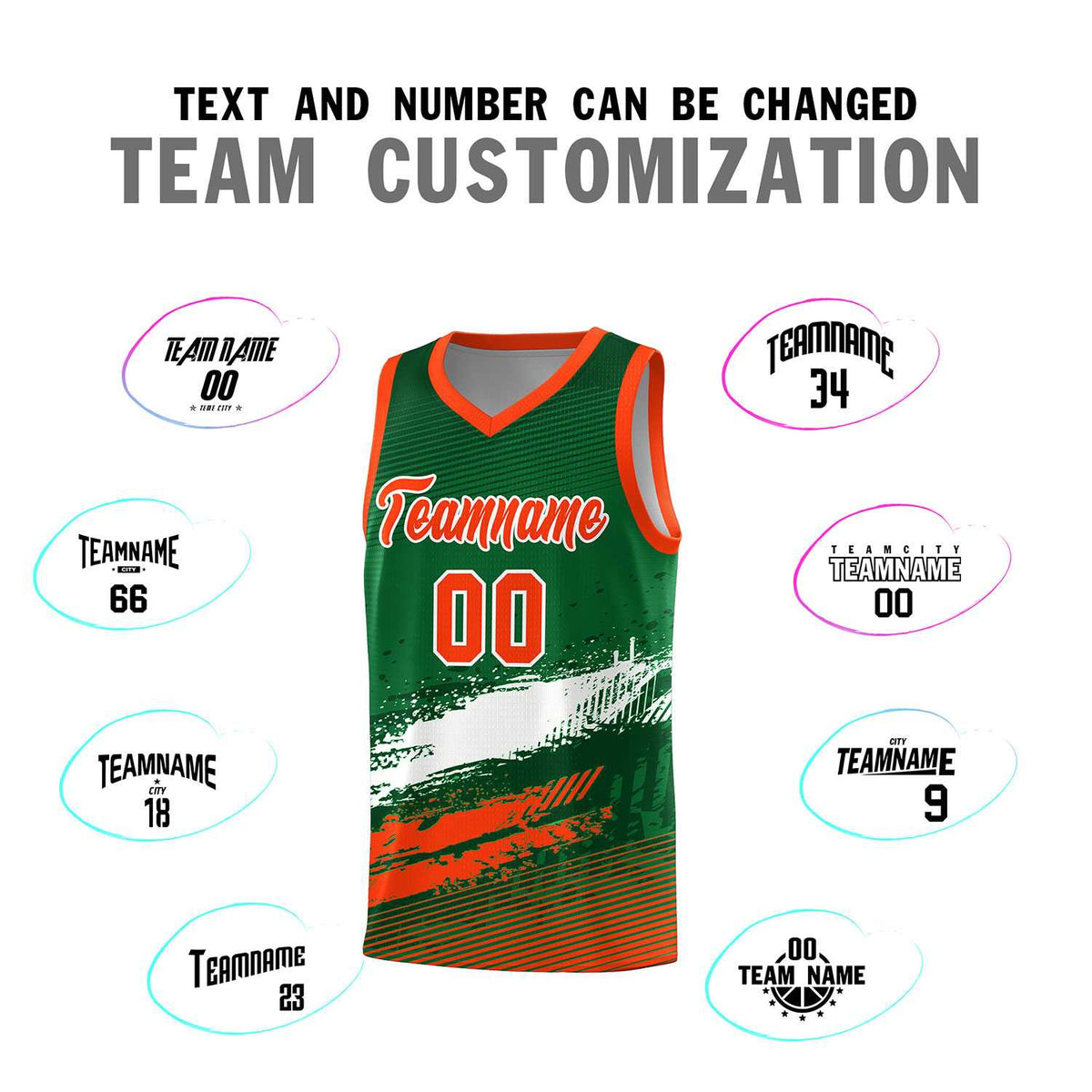 Custom Kelly Green White and Orange Graffiti Pattern Sports Uniform Basketball Jersey