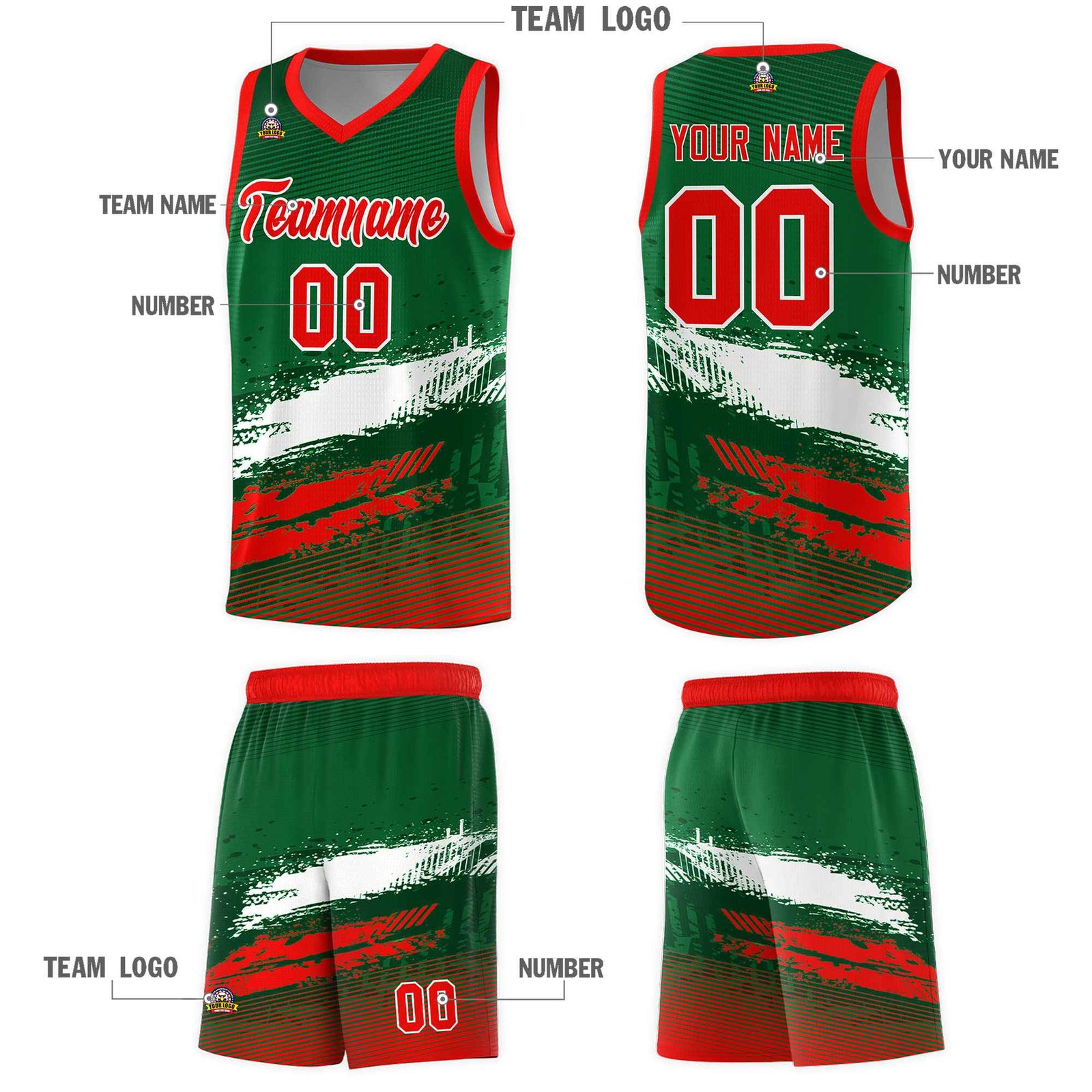 Custom Kelly Green White and Red Graffiti Pattern Sports Uniform Basketball Jersey