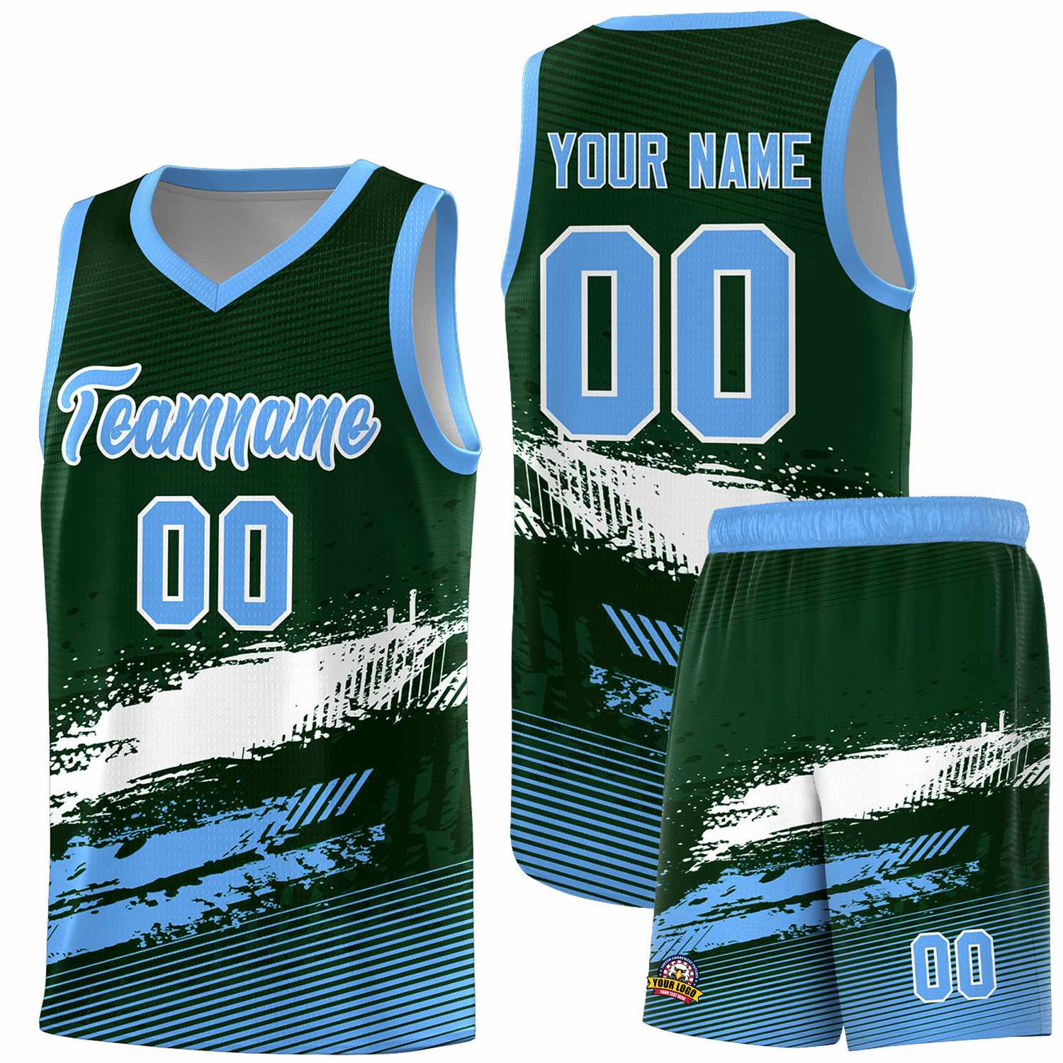 Custom Green White and Powder Blue Graffiti Pattern Sports Uniform Basketball Jersey