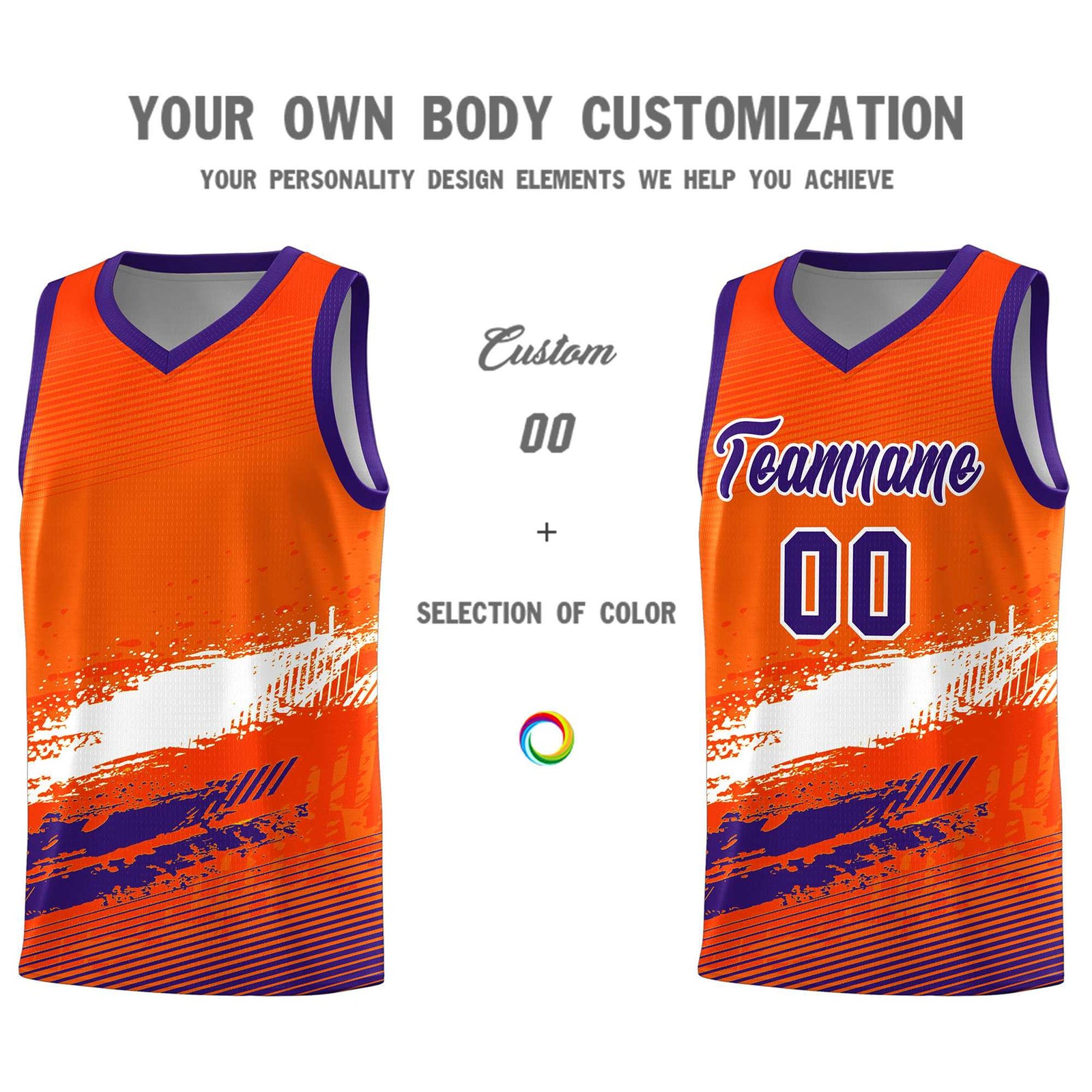Custom Orange White and Purple Graffiti Pattern Sports Uniform Basketball Jersey