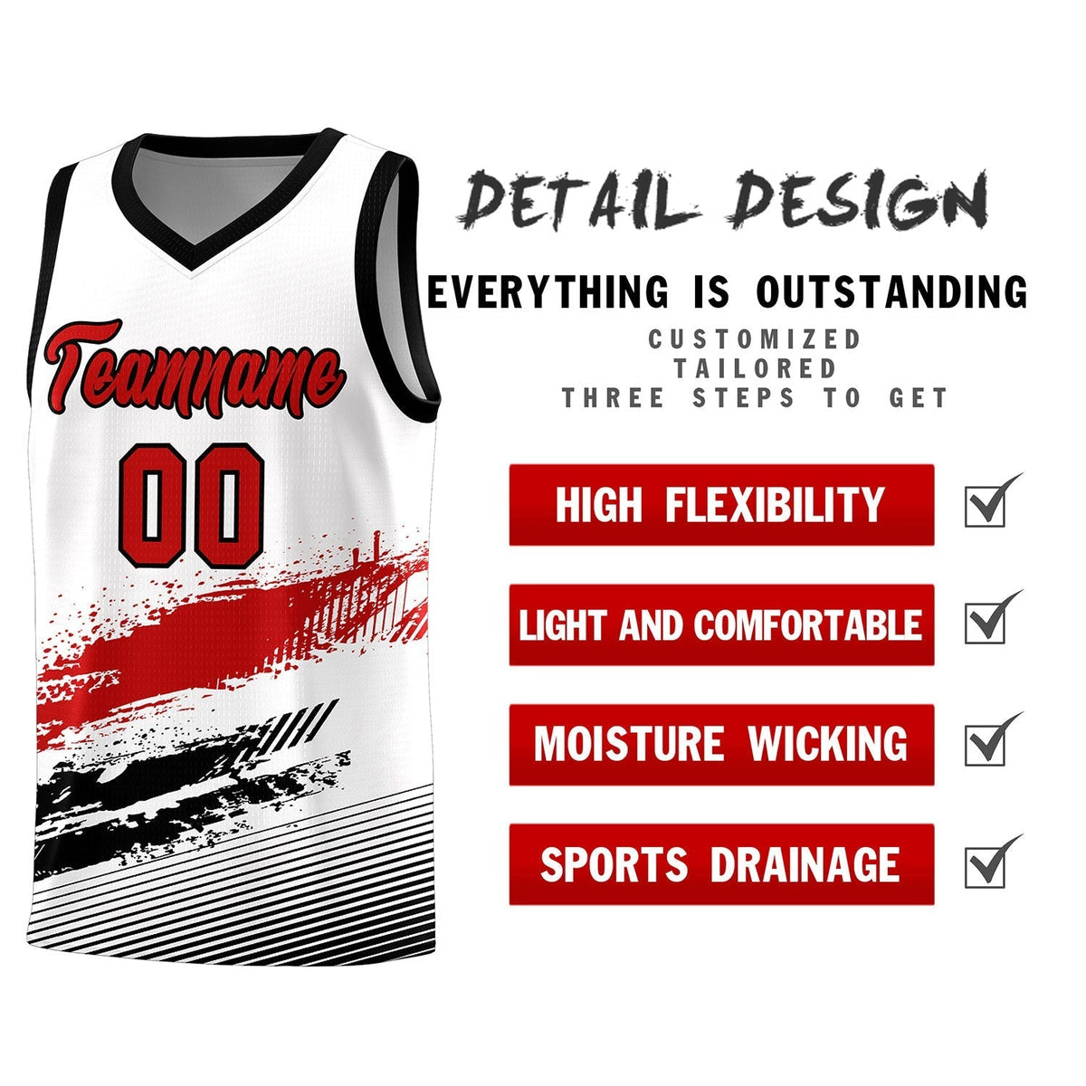 Custom White Red and Black Graffiti Pattern Sports Uniform Basketball Jersey