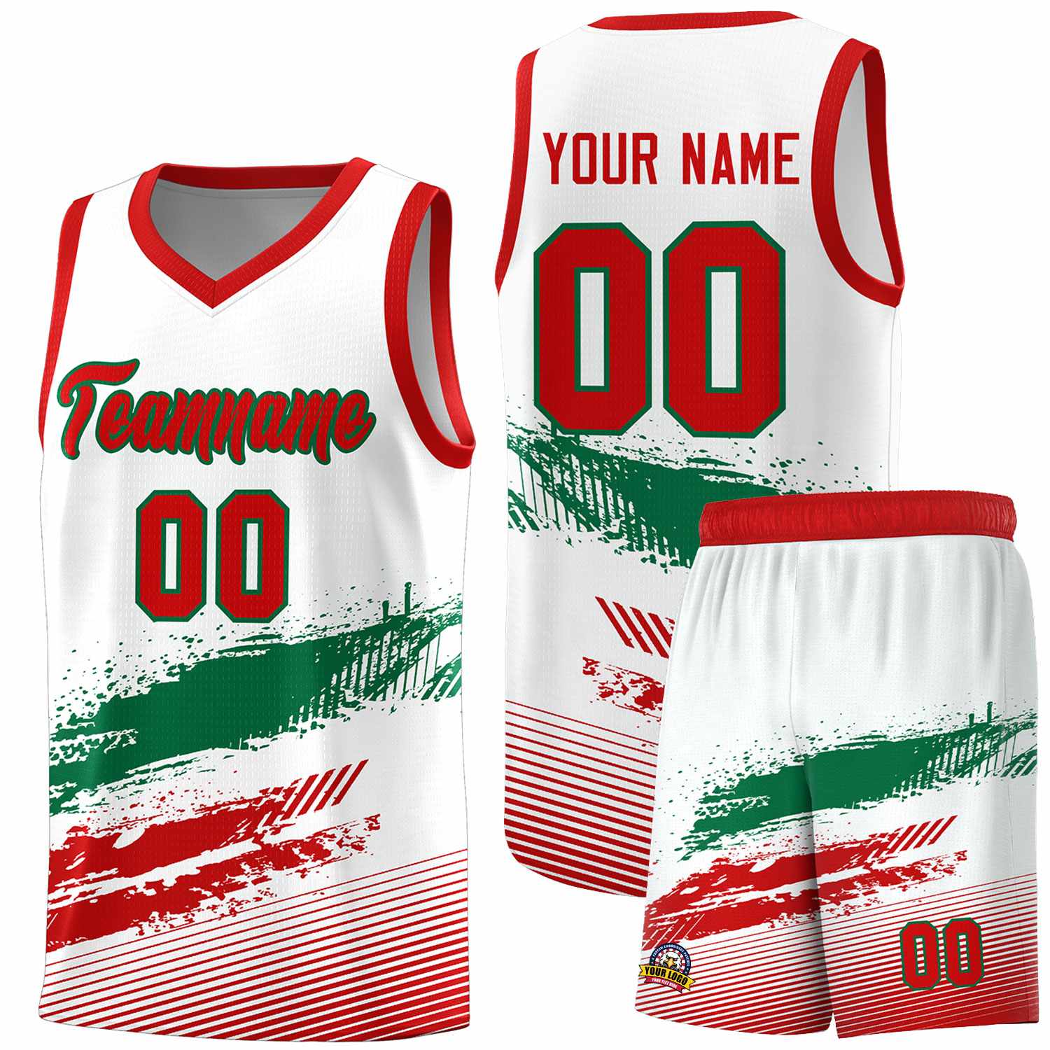 Custom White Kelly Green and Red Graffiti Pattern Sports Uniform Basketball Jersey