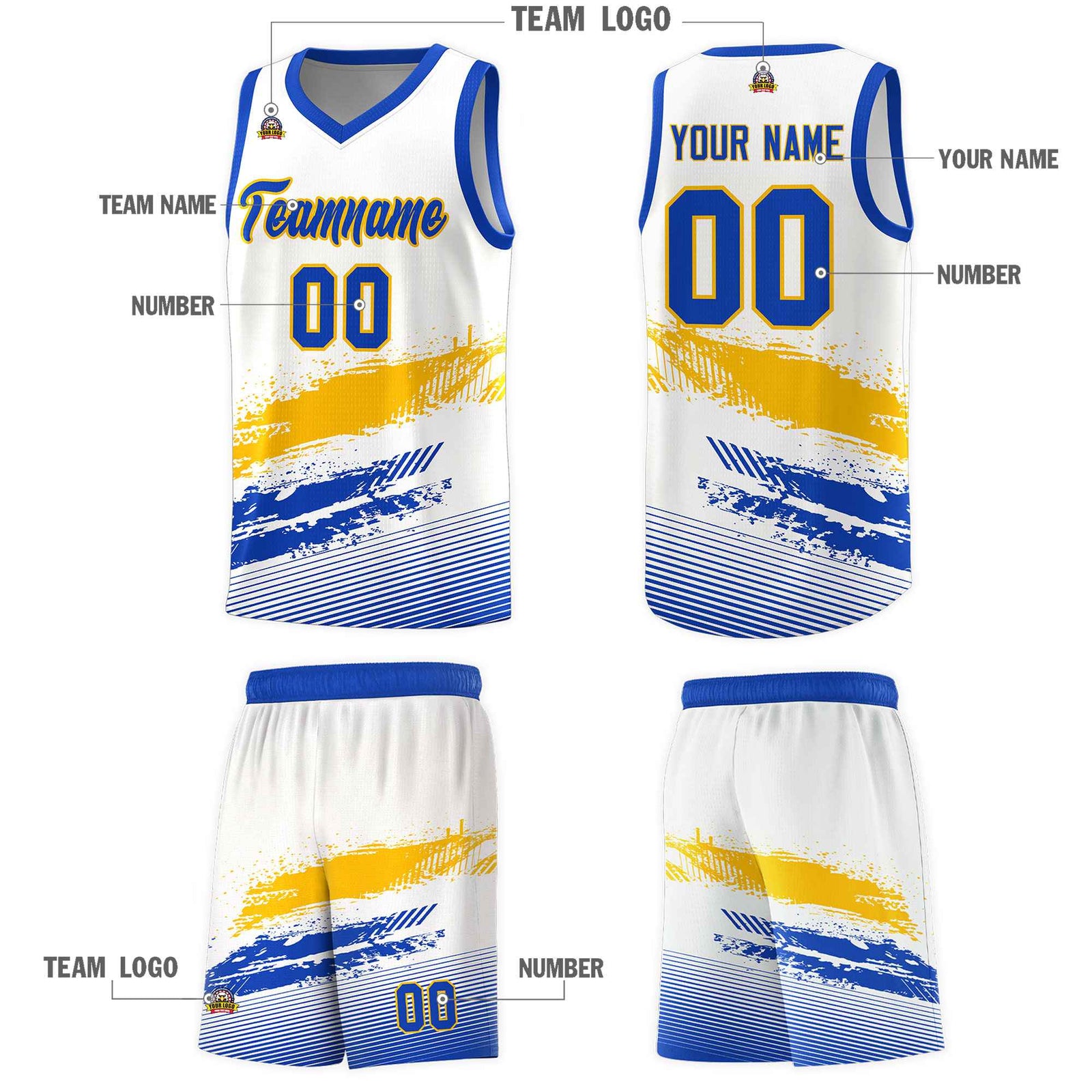 Custom White Yellow and Royal Graffiti Pattern Sports Uniform Basketball Jersey