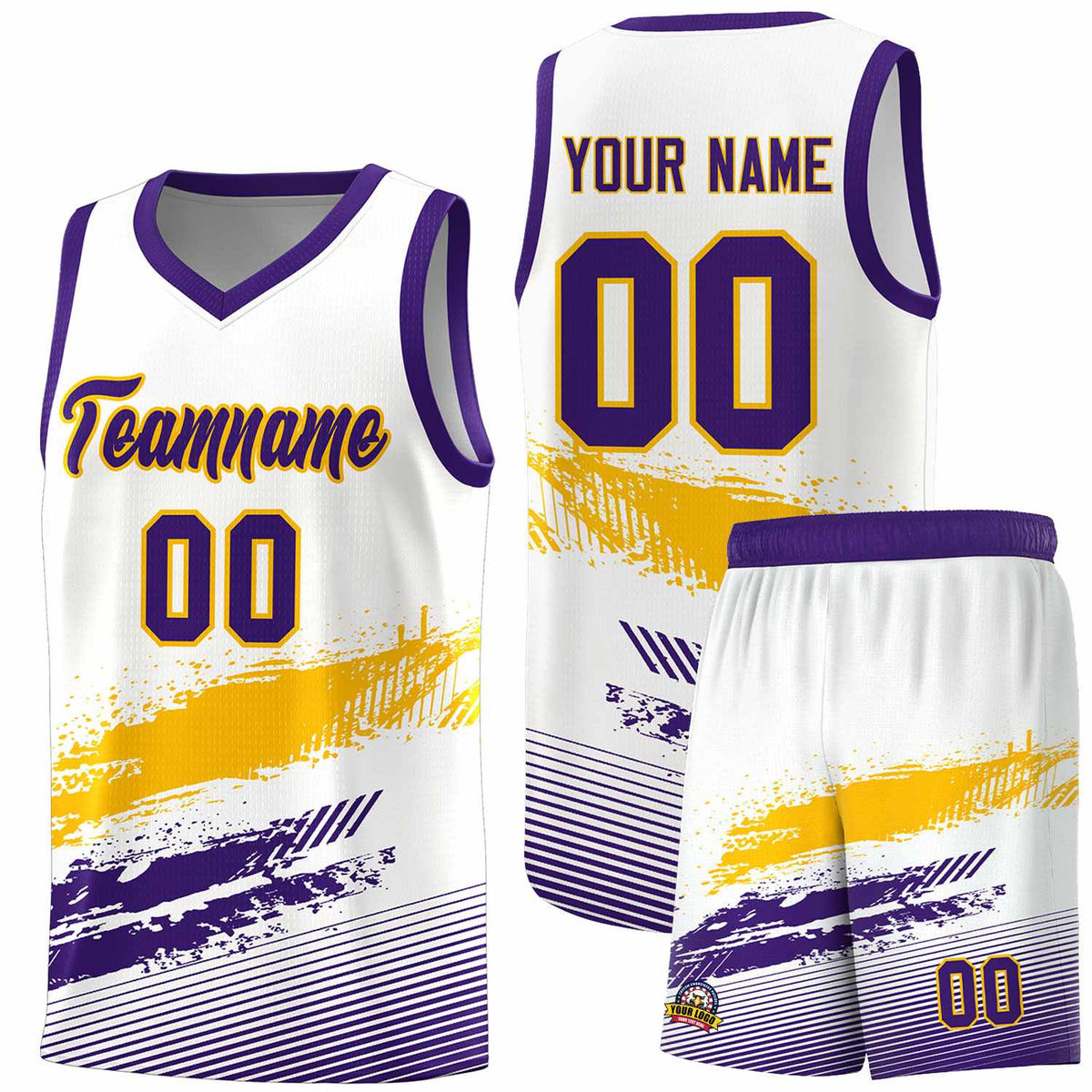 Custom White Yellow and Purple Graffiti Pattern Sports Uniform Basketball Jersey