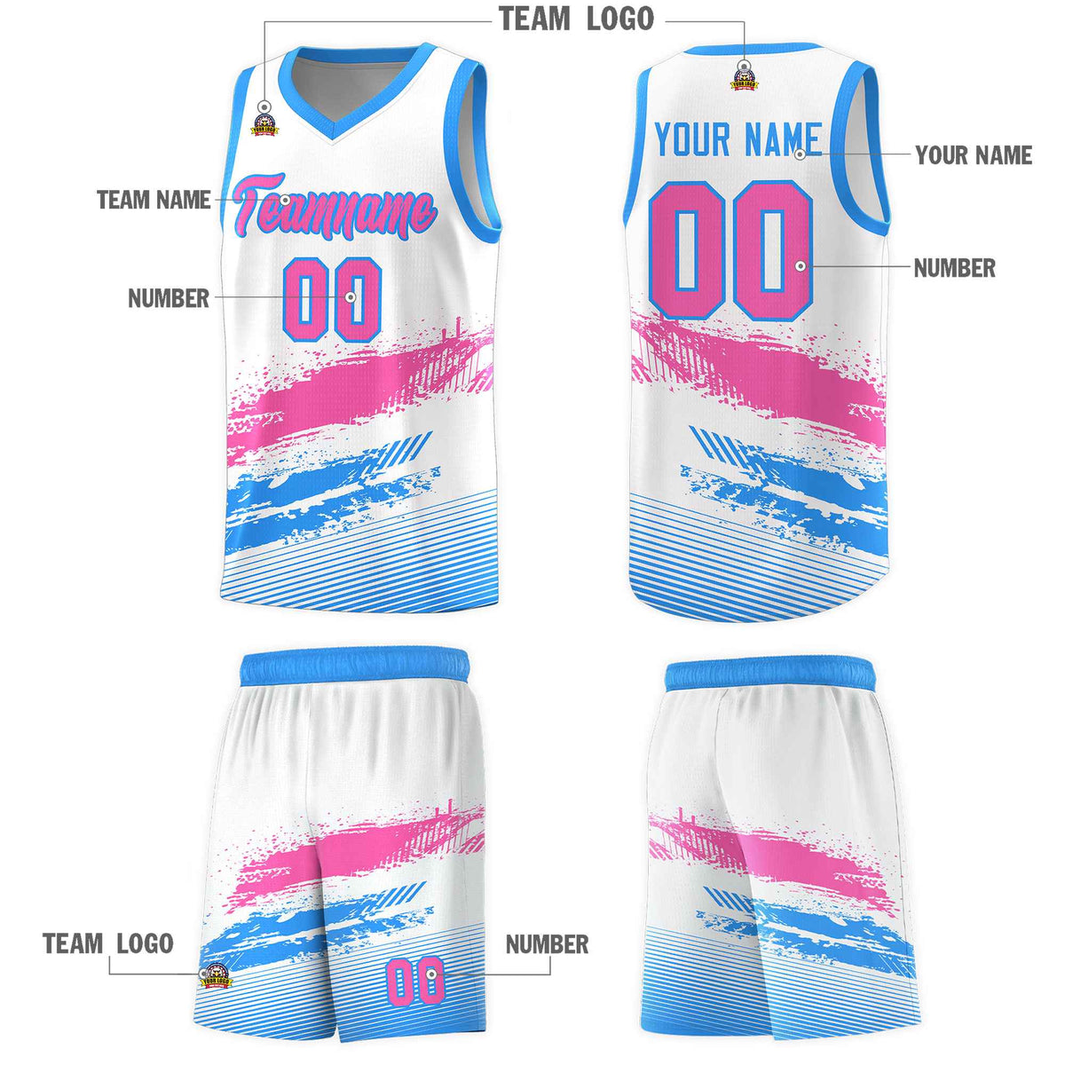 Custom White Pink and Powder Blue Graffiti Pattern Sports Uniform Basketball Jersey