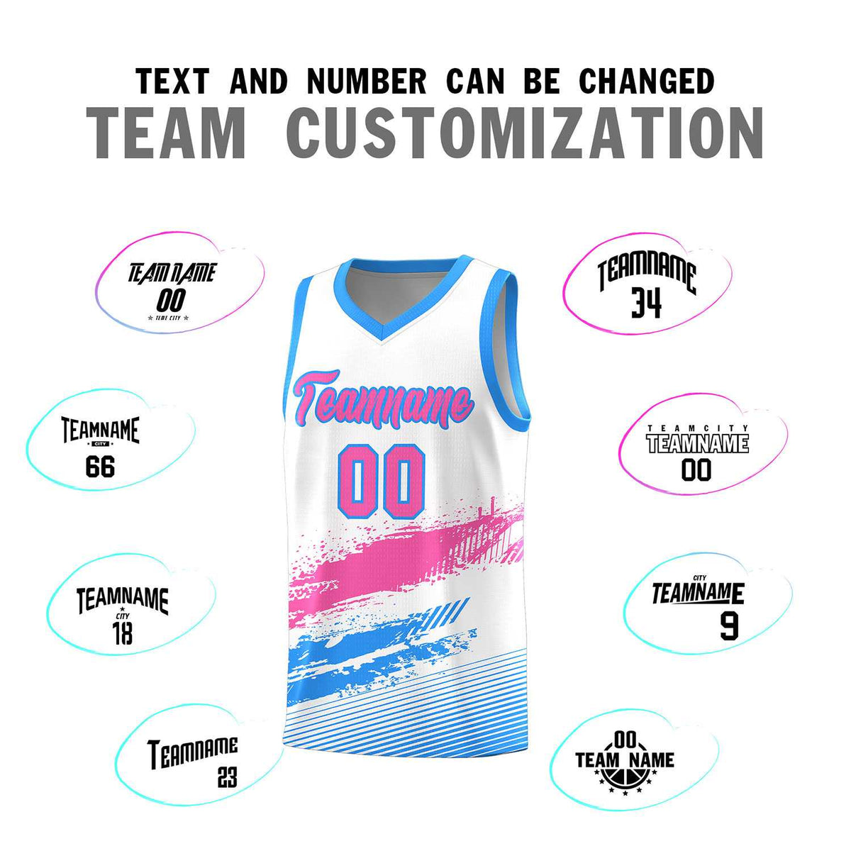 Custom White Pink and Powder Blue Graffiti Pattern Sports Uniform Basketball Jersey