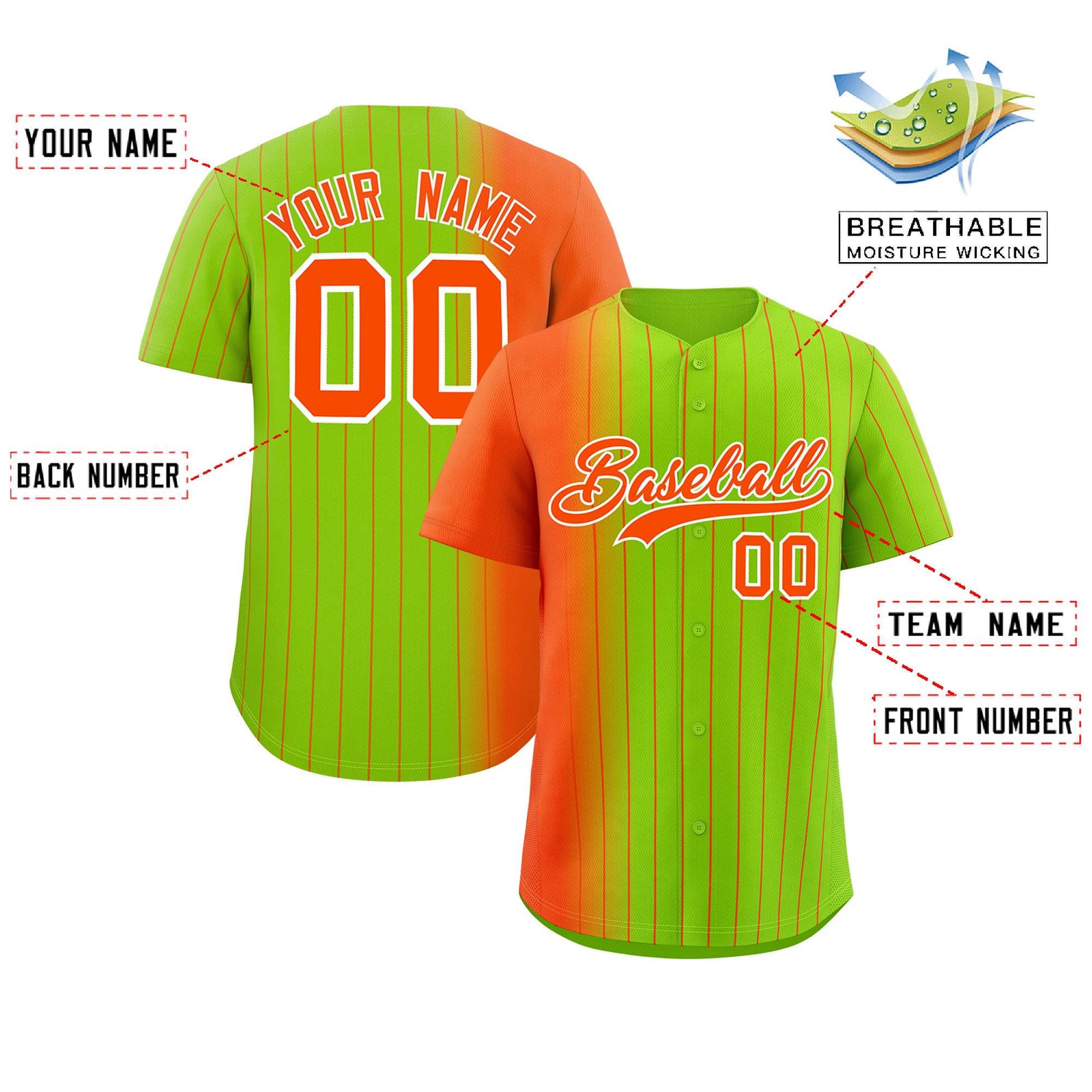 Custom Neon Green Orange Pinstripe Personalized Gradient Authentic Baseball Jersey