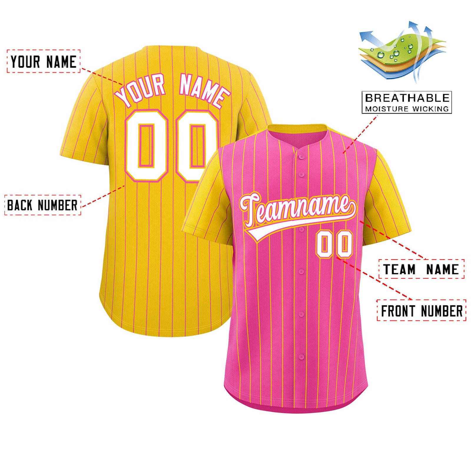 Custom Pink Gold Pinstripe Personalized Raglan Sleeves Authentic Baseball Jersey