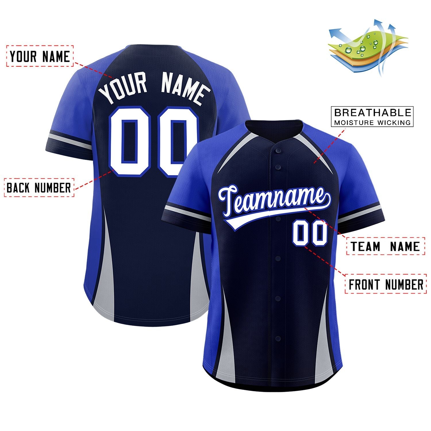 Custom Navy Royal-Gray Personalized Color Block Authentic Baseball Jersey