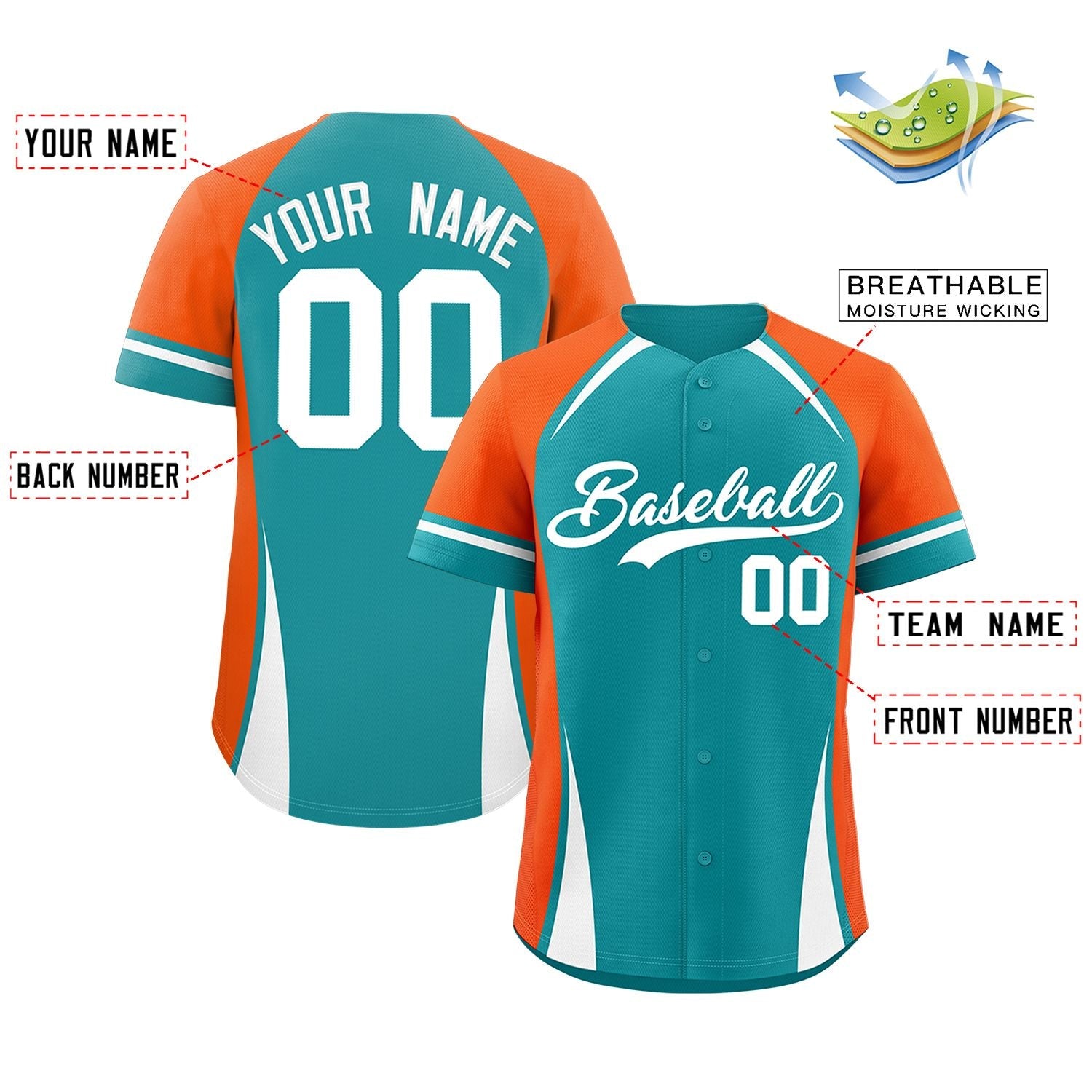 Custom Aqua Orange-White Personalized Color Block Authentic Baseball Jersey