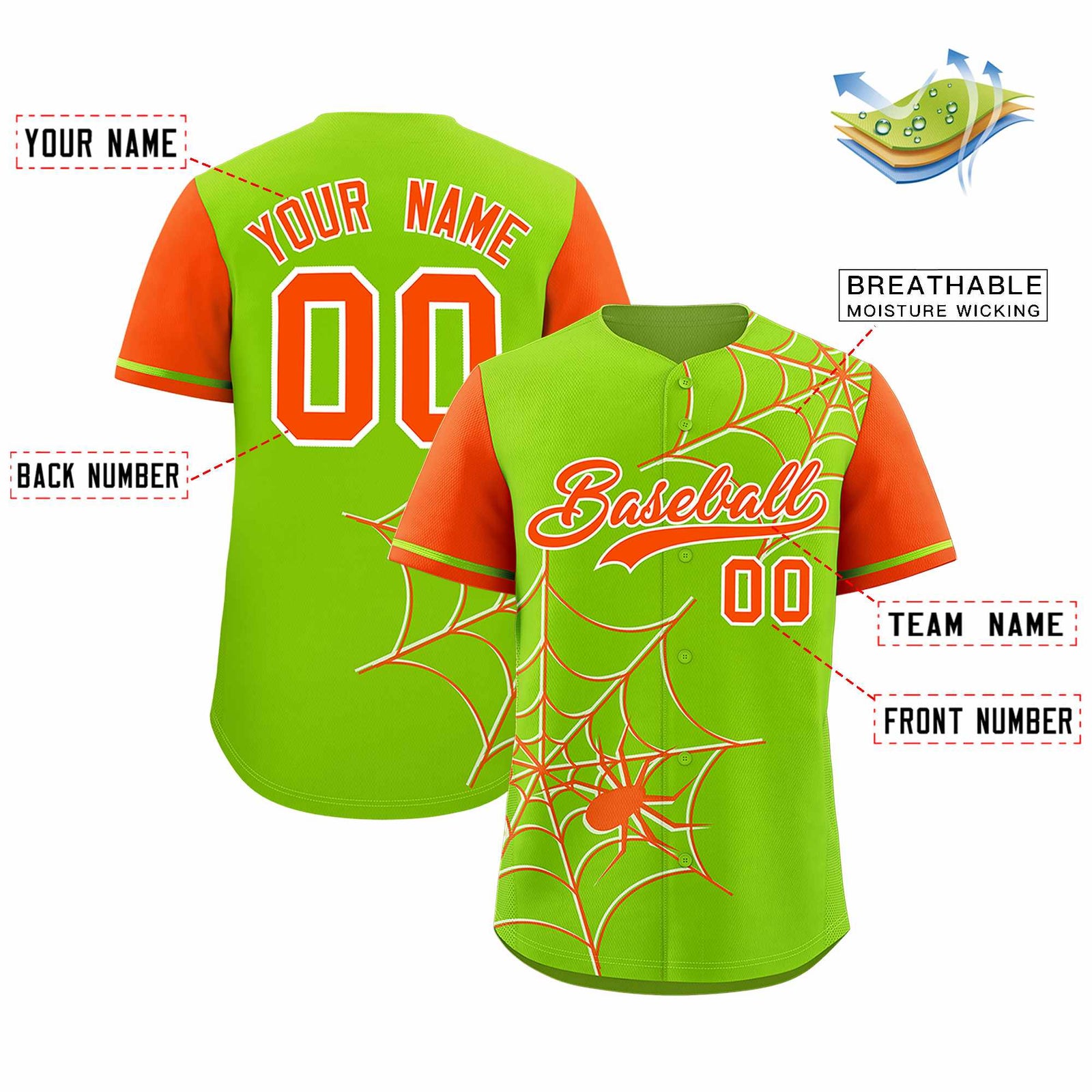 Custom Neon Green-Orange Spider Web Pattern Raglan Sleeves Authentic Baseball Jersey