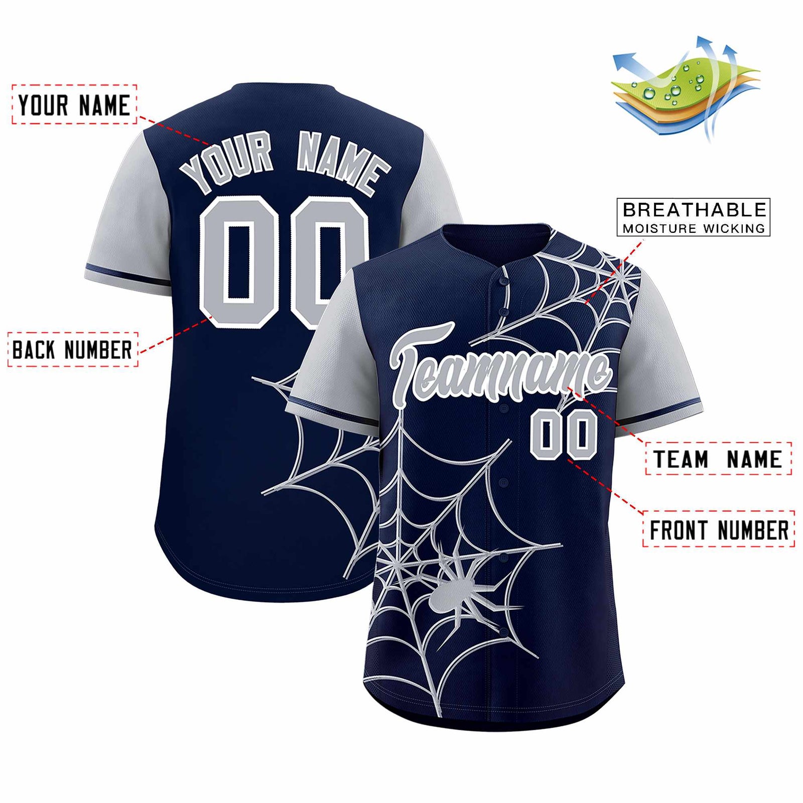 Custom Navy-Gray Spider Web Pattern Raglan Sleeves Authentic Baseball Jersey