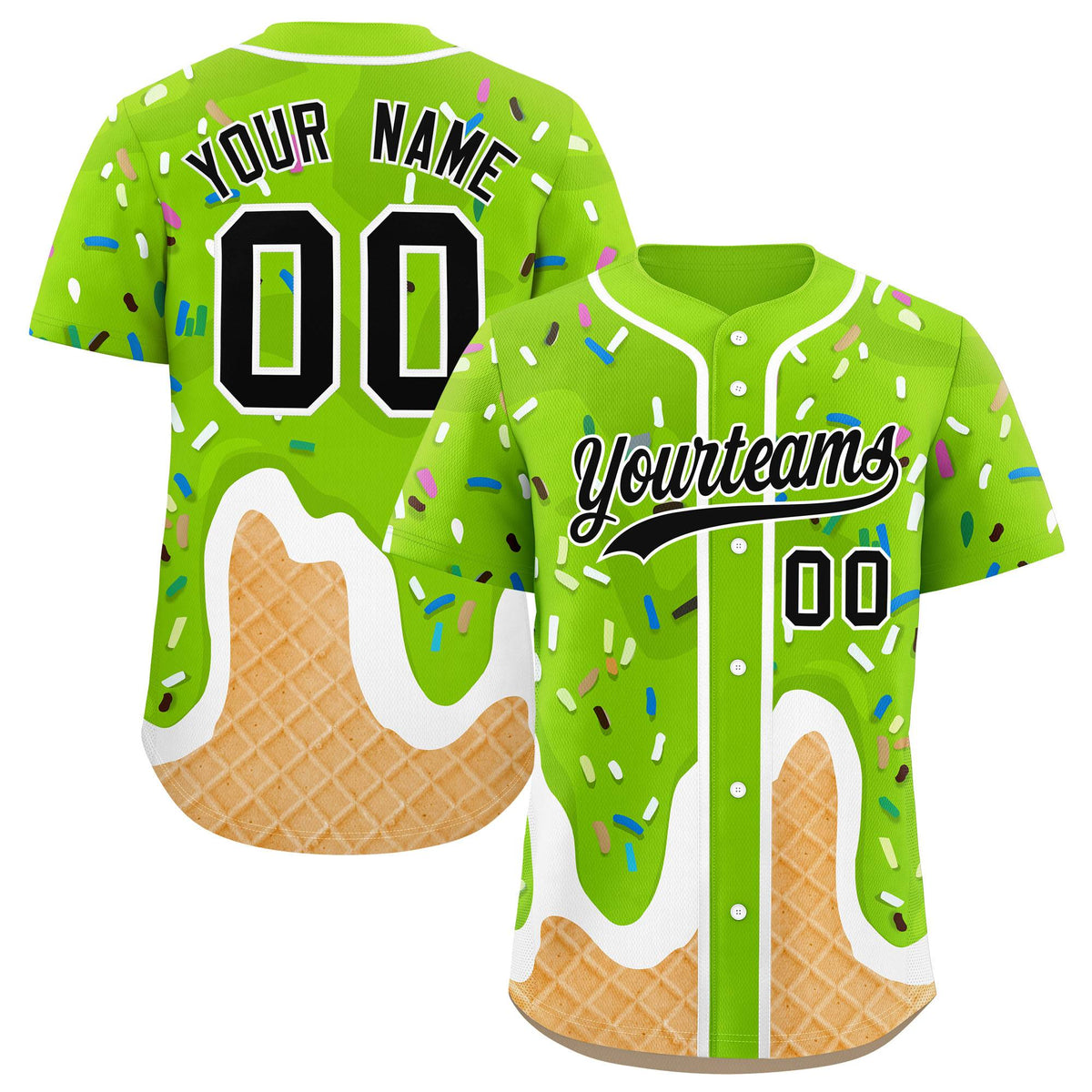 Custom Neon Green Ice Cream Cone Graffiti Pattern Fashion Authentic Baseball Jersey