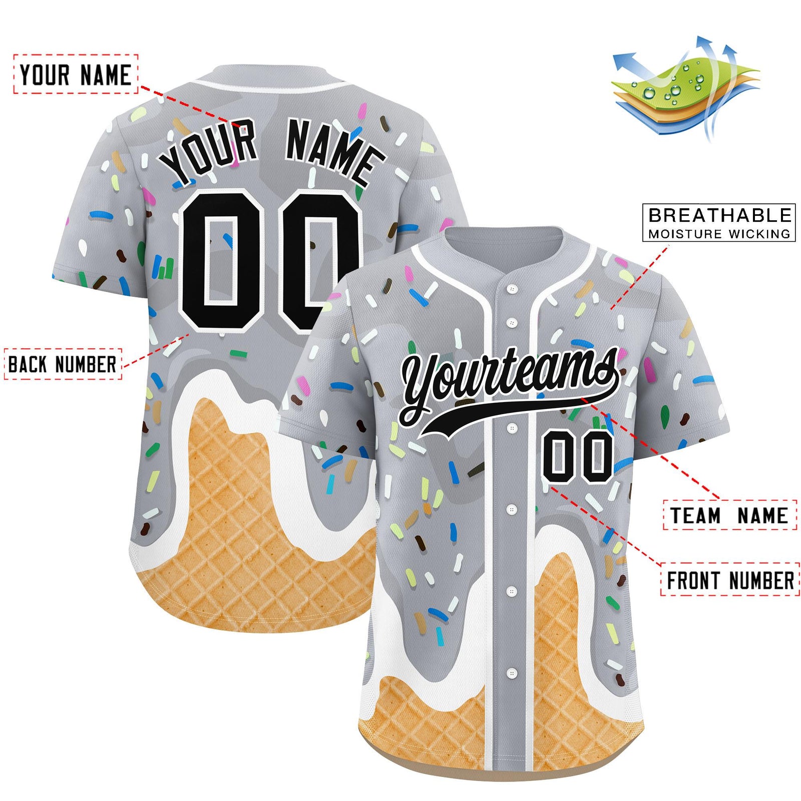Custom Gray Ice Cream Cone Graffiti Pattern Fashion Authentic Baseball Jersey