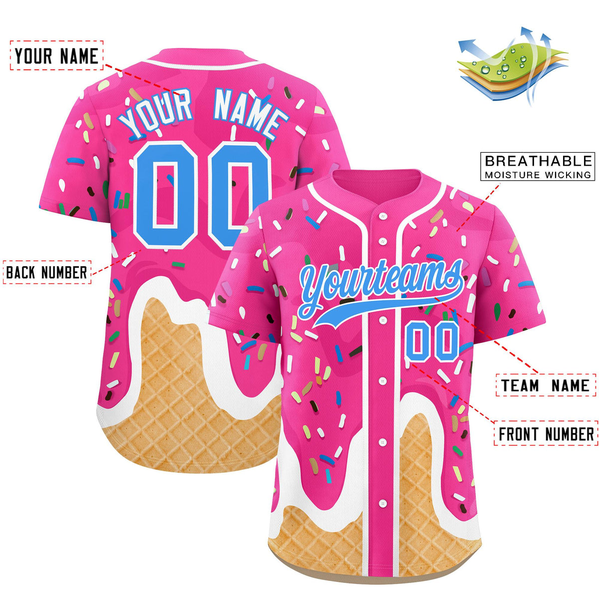 Custom Pink Ice Cream Cone Graffiti Pattern Fashion Authentic Baseball Jersey