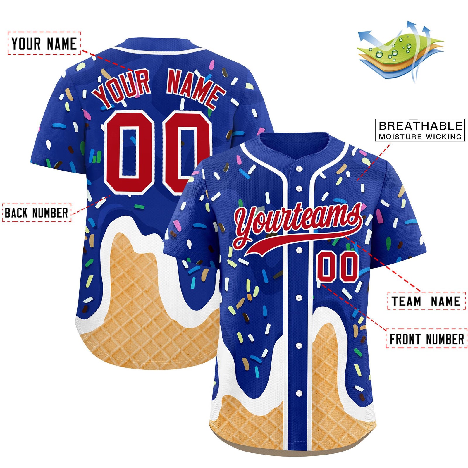Custom Royal Ice Cream Cone Graffiti Pattern Fashion Authentic Baseball Jersey
