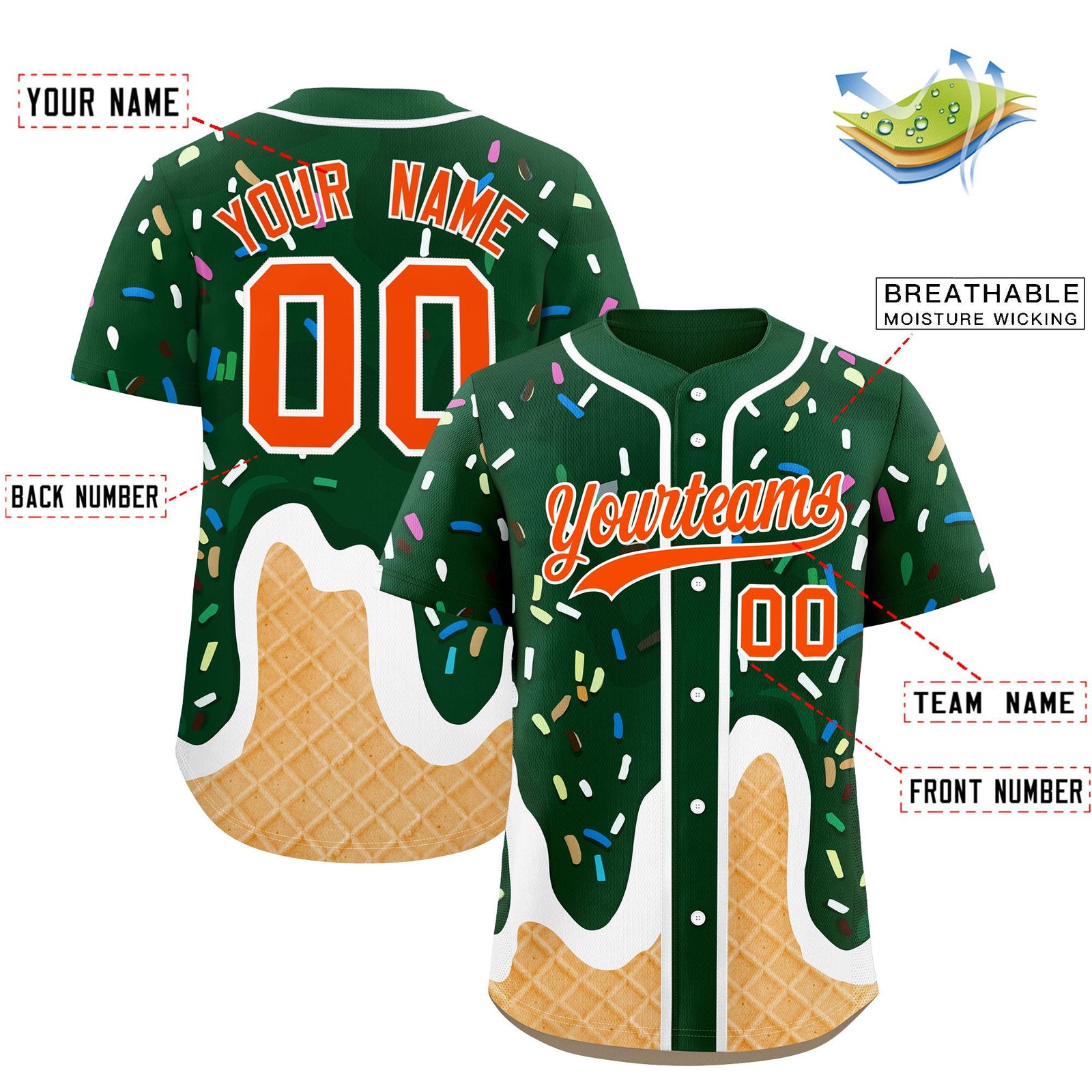 Custom Green Ice Cream Cone Graffiti Pattern Fashion Authentic Baseball Jersey