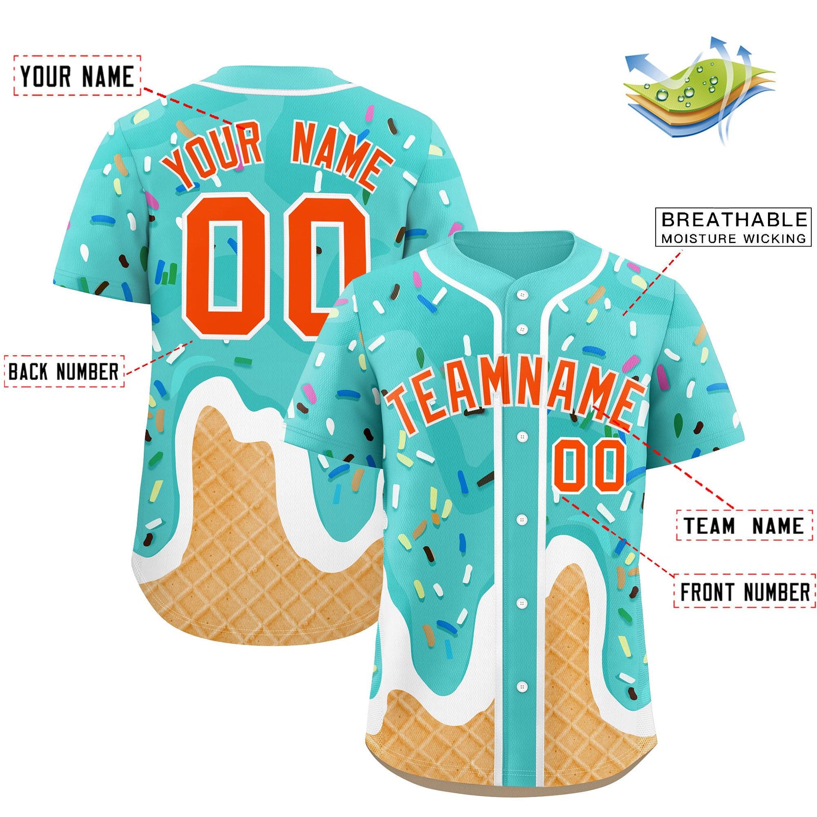 Custom Bright Green Ice Cream Cone Graffiti Pattern Fashion Authentic Baseball Jersey