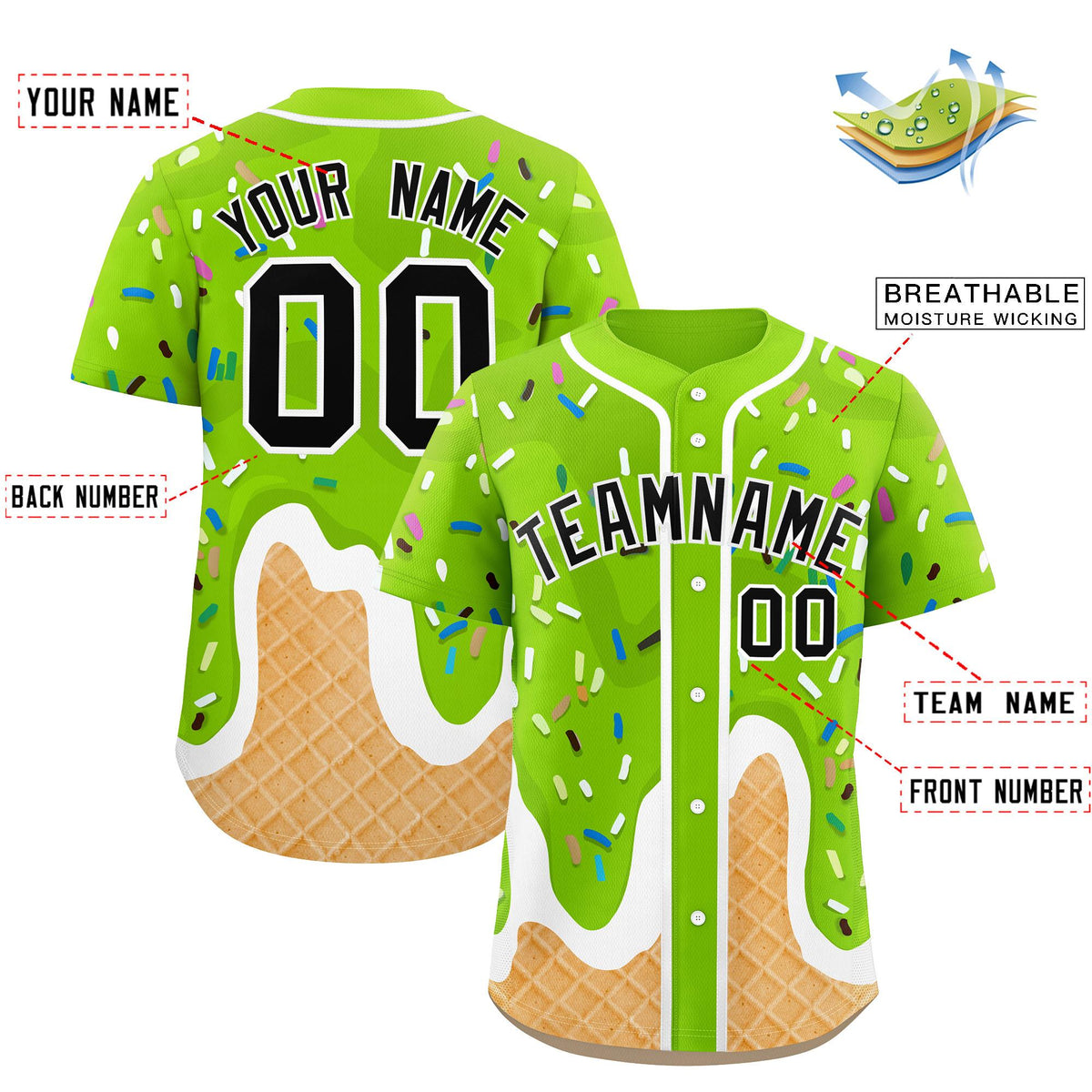 Custom Neon Green Ice Cream Cone Graffiti Pattern Fashion Authentic Baseball Jersey