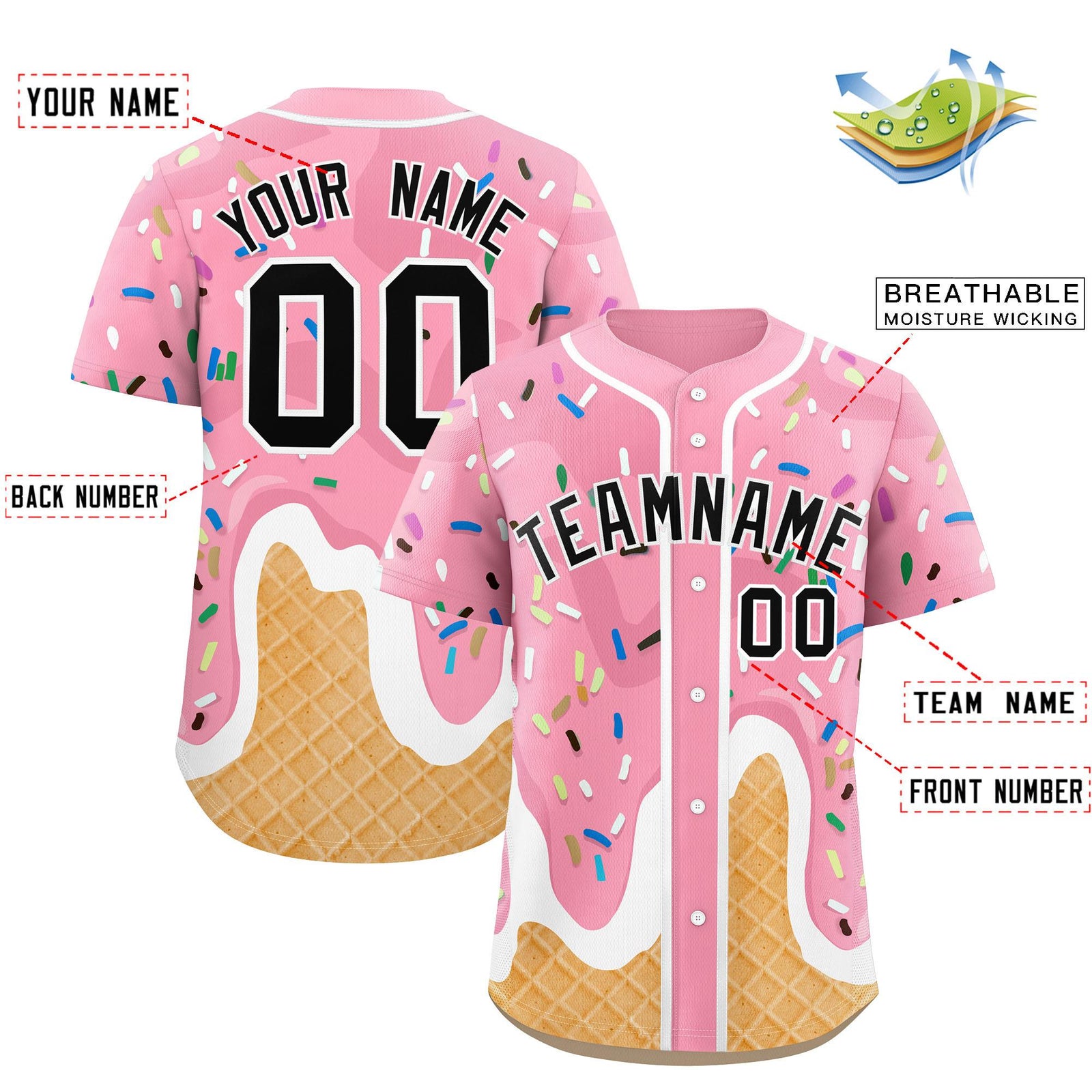 Custom Light Pink Ice Cream Cone Graffiti Pattern Fashion Authentic Baseball Jersey