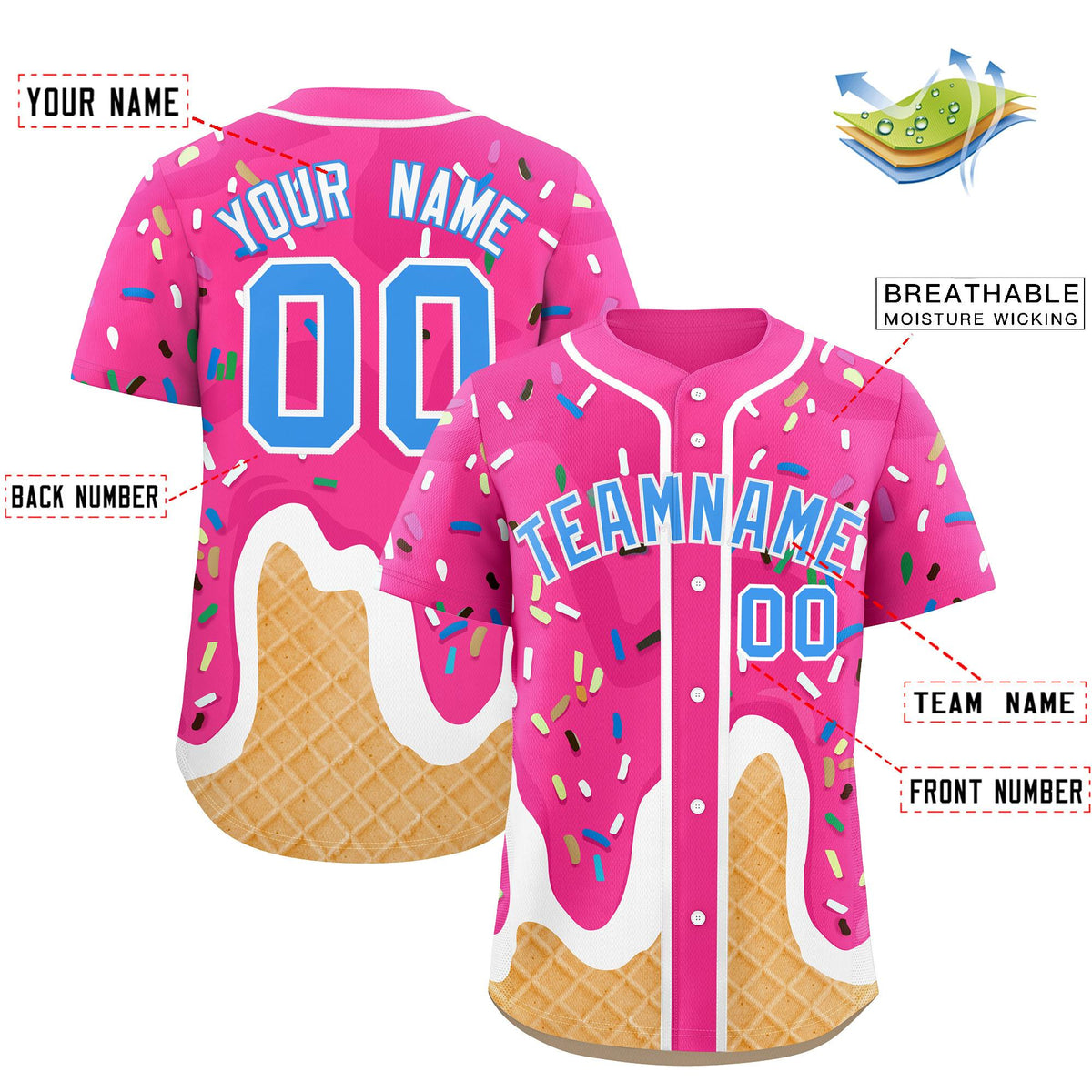 Custom Pink Ice Cream Cone Graffiti Pattern Fashion Authentic Baseball Jersey