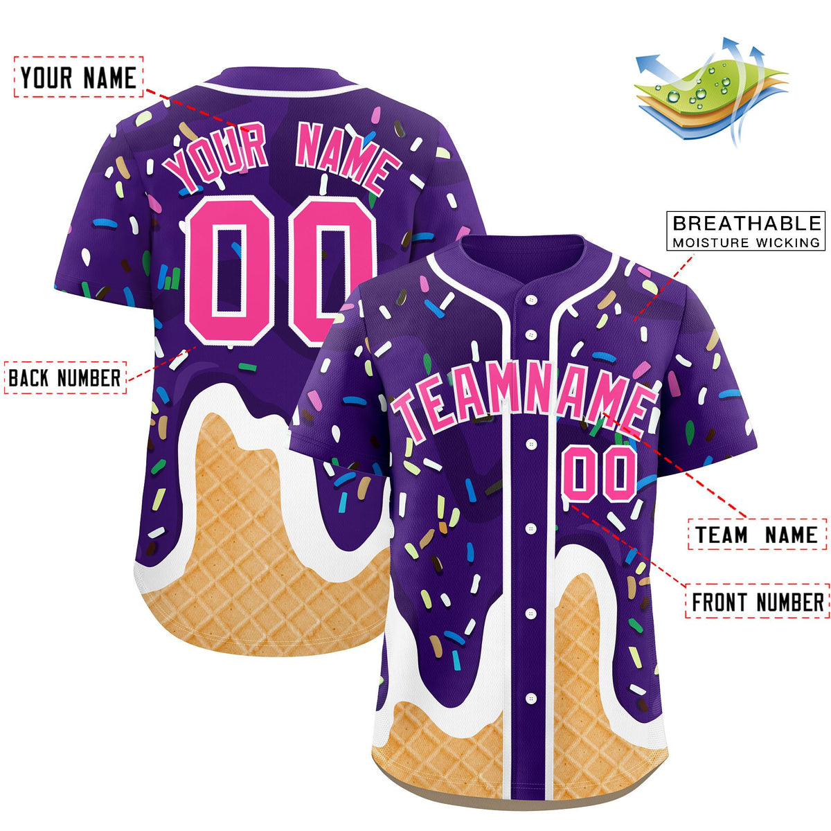 Custom Purple Ice Cream Cone Graffiti Pattern Fashion Authentic Baseball Jersey