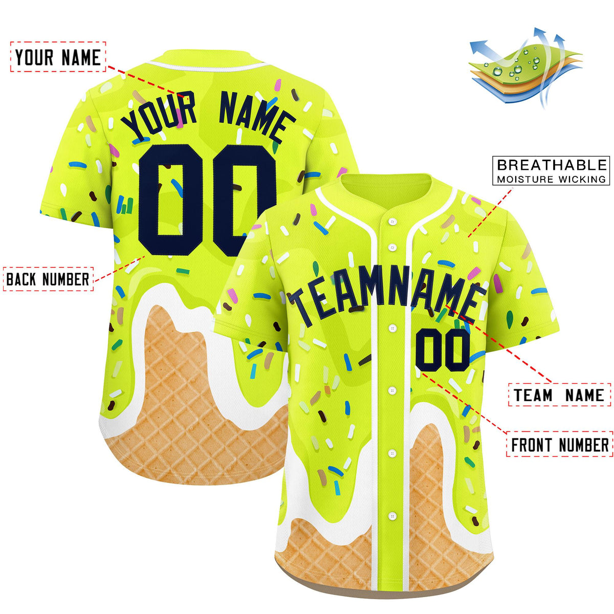 Custom Fluorescent Green Ice Cream Cone Graffiti Pattern Fashion Authentic Baseball Jersey