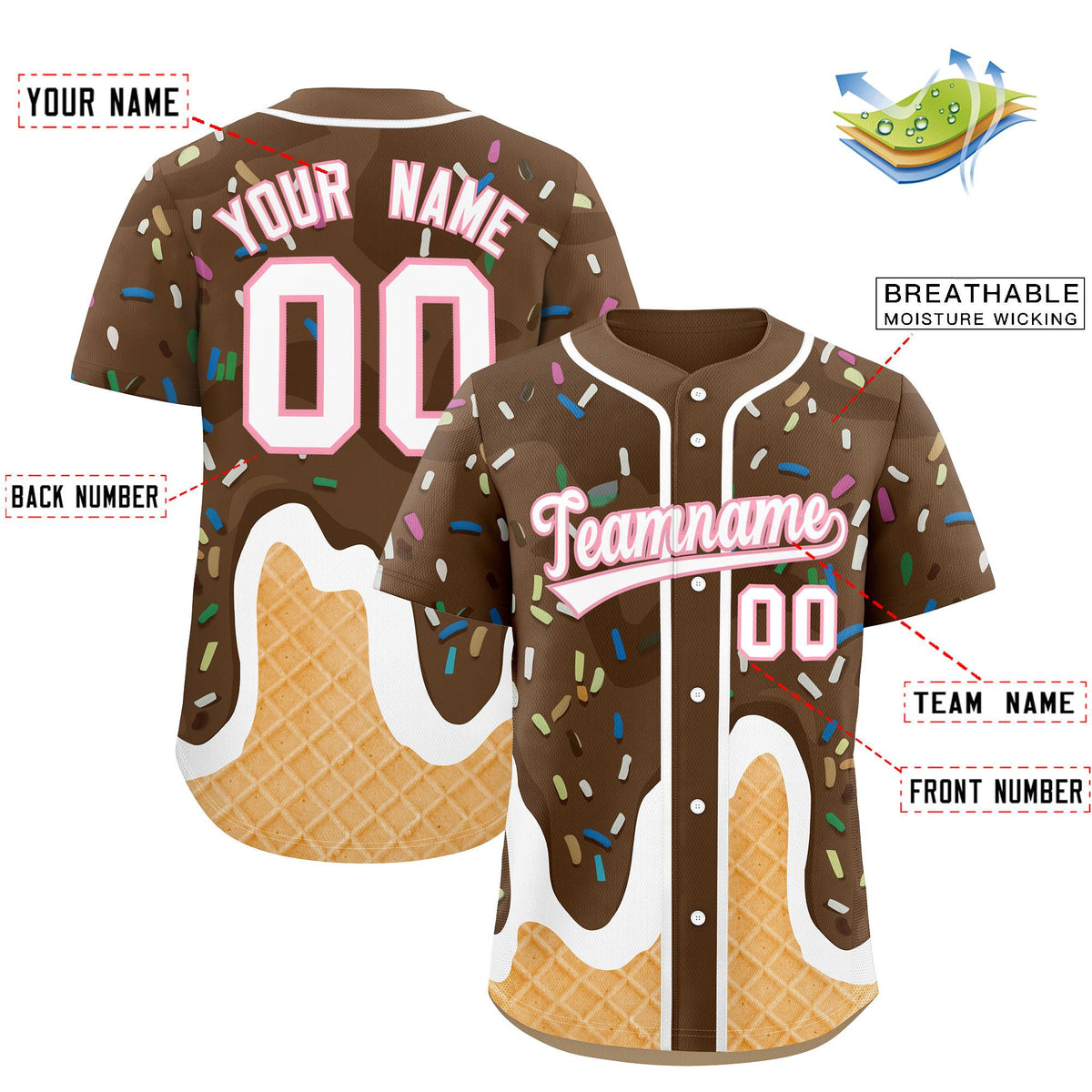 Custom Brown Ice Cream Cone Graffiti Pattern Fashion Authentic Baseball Jersey