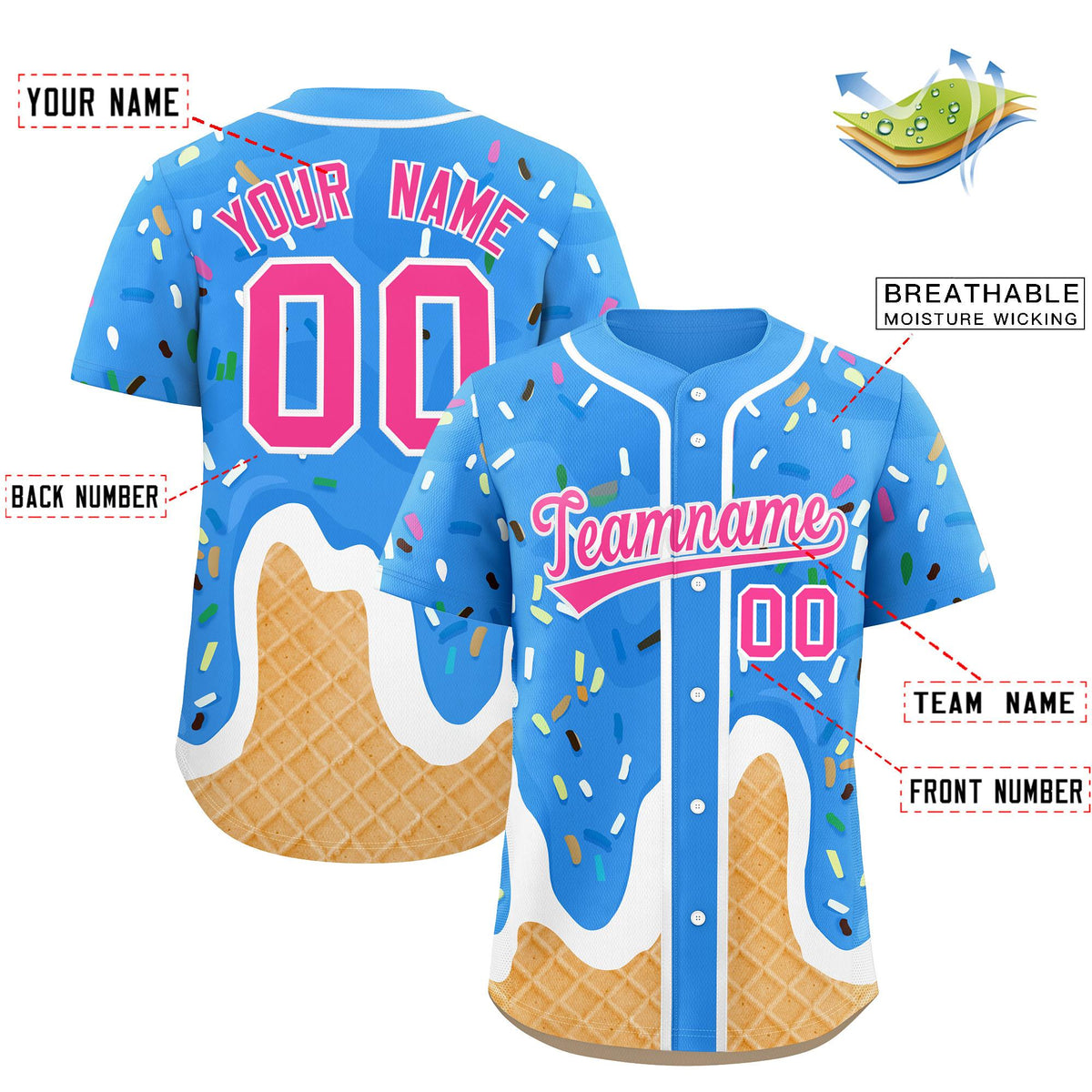 Custom Powder Blue Ice Cream Cone Graffiti Pattern Fashion Authentic Baseball Jersey