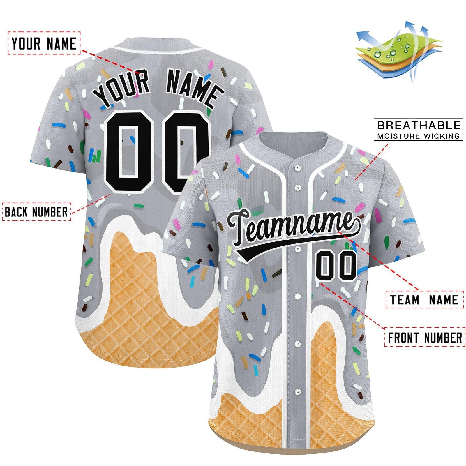 Custom Gray Ice Cream Cone Graffiti Pattern Fashion Authentic Baseball Jersey