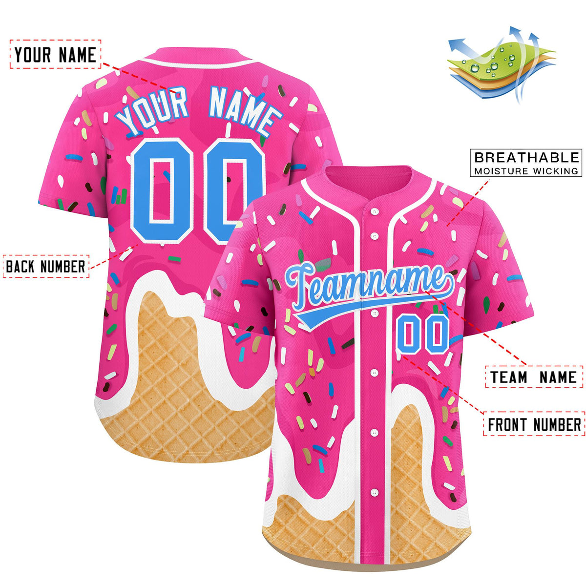 Custom Pink Ice Cream Cone Graffiti Pattern Fashion Authentic Baseball Jersey