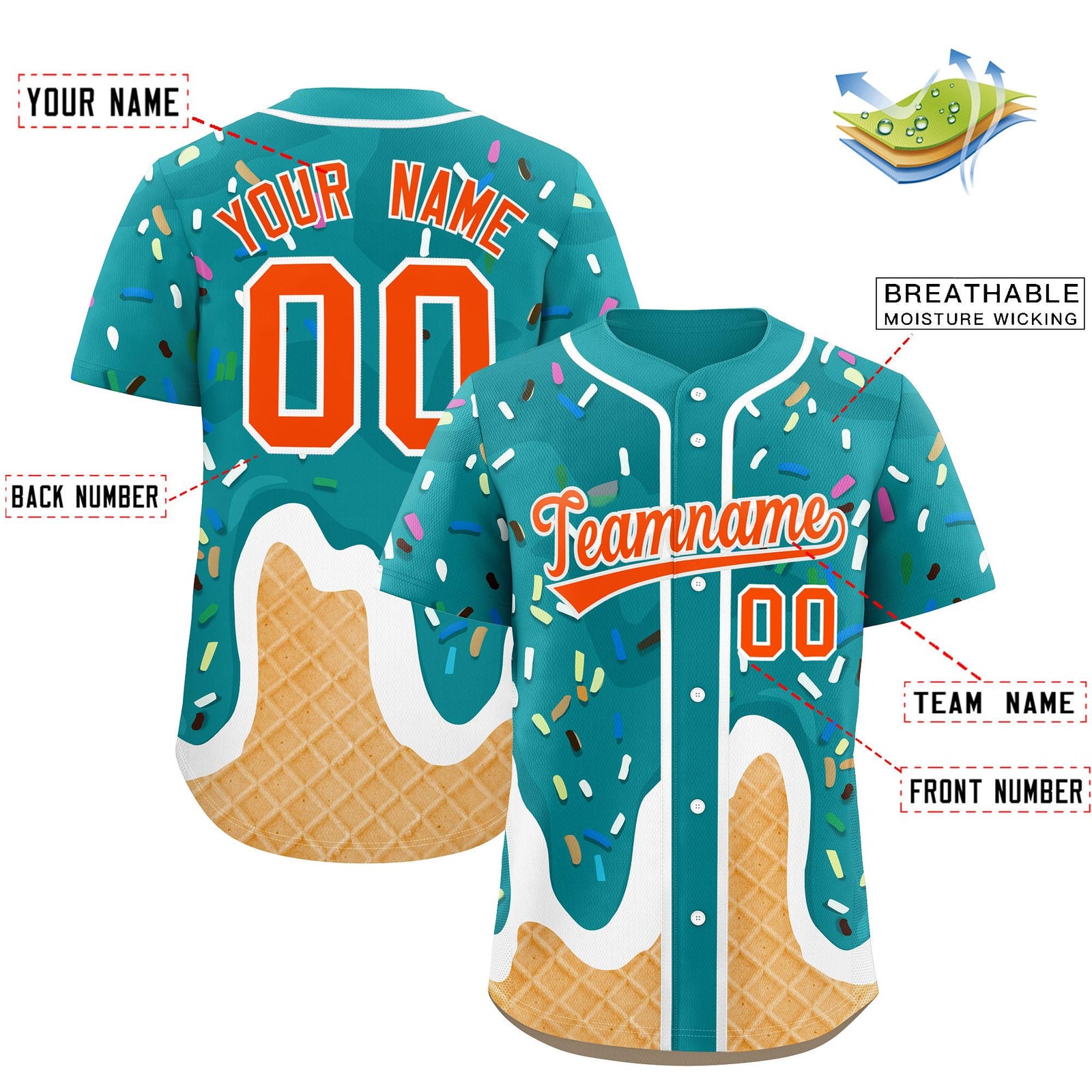 Custom Aqua Ice Cream Cone Graffiti Pattern Fashion Authentic Baseball Jersey