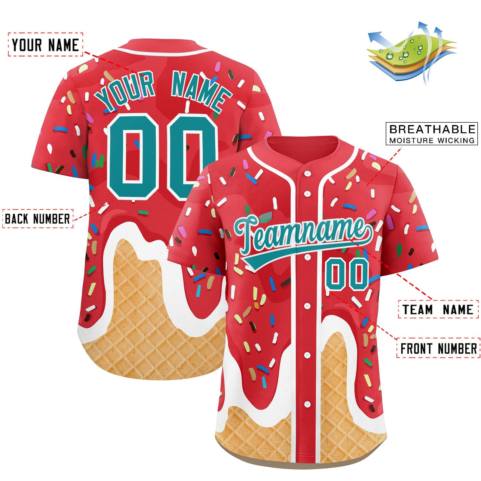 Custom Light Red Ice Cream Cone Graffiti Pattern Fashion Authentic Baseball Jersey