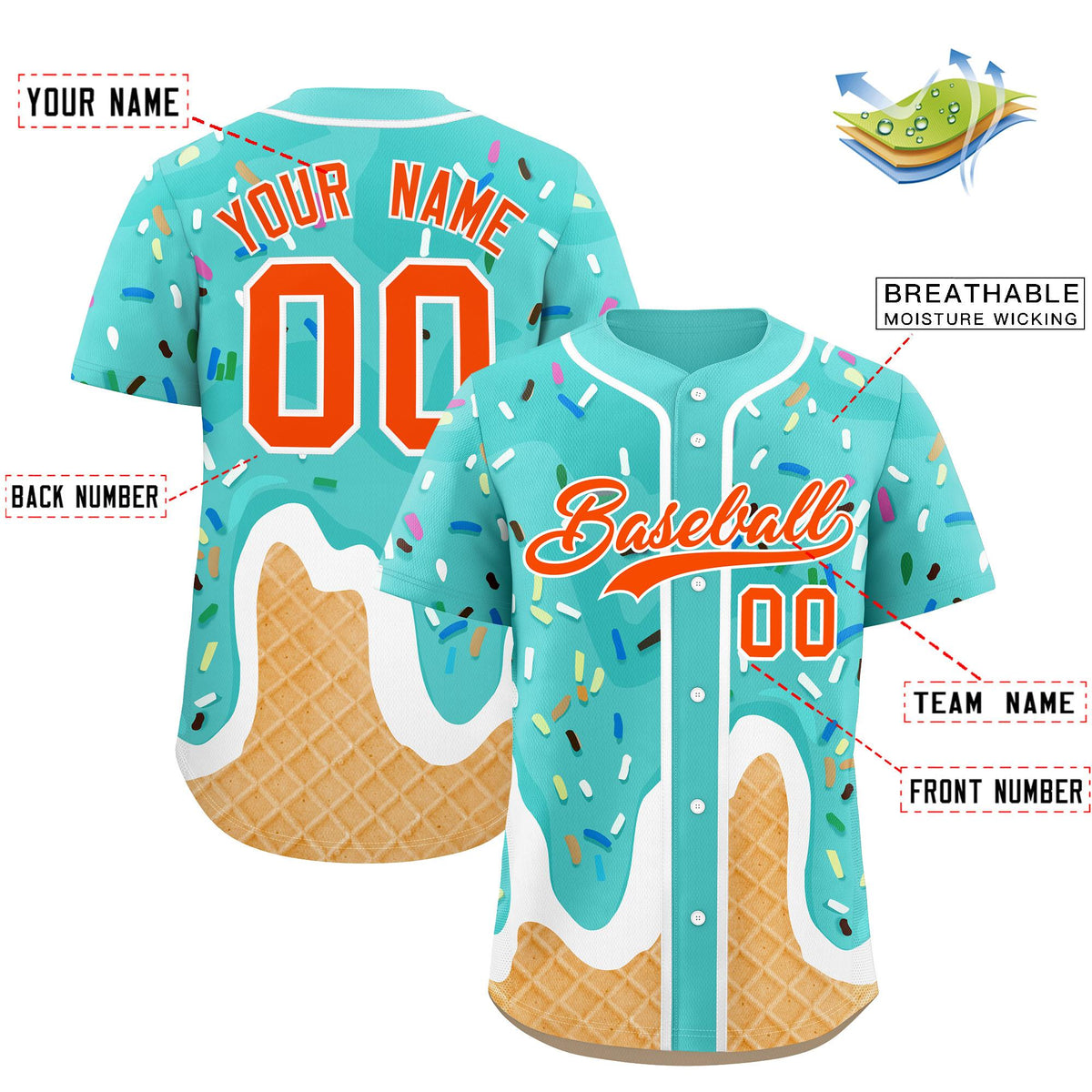 Custom Bright Green Ice Cream Cone Graffiti Pattern Fashion Authentic Baseball Jersey