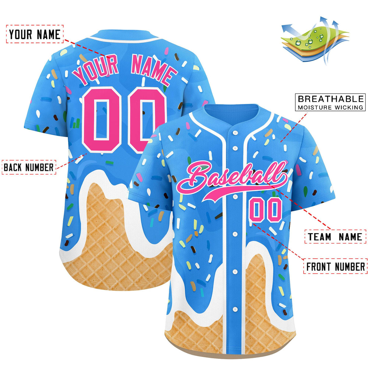 Custom Powder Blue Ice Cream Cone Graffiti Pattern Fashion Authentic Baseball Jersey