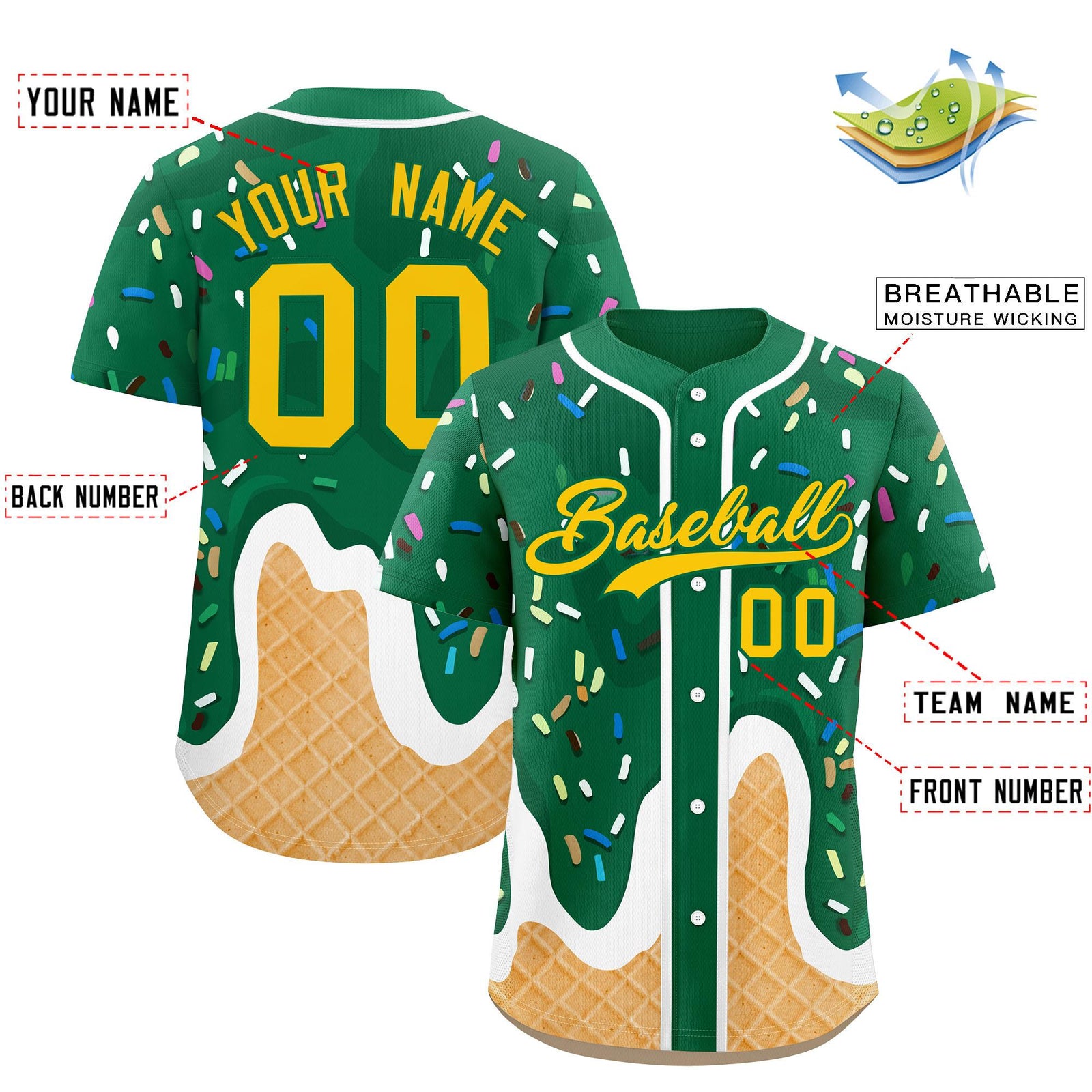 Custom Kelly Green Ice Cream Cone Graffiti Pattern Fashion Authentic Baseball Jersey