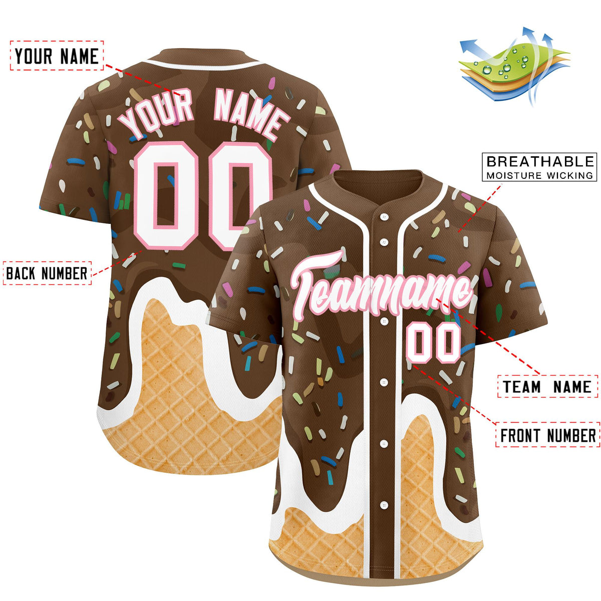 Custom Brown Ice Cream Cone Graffiti Pattern Fashion Authentic Baseball Jersey