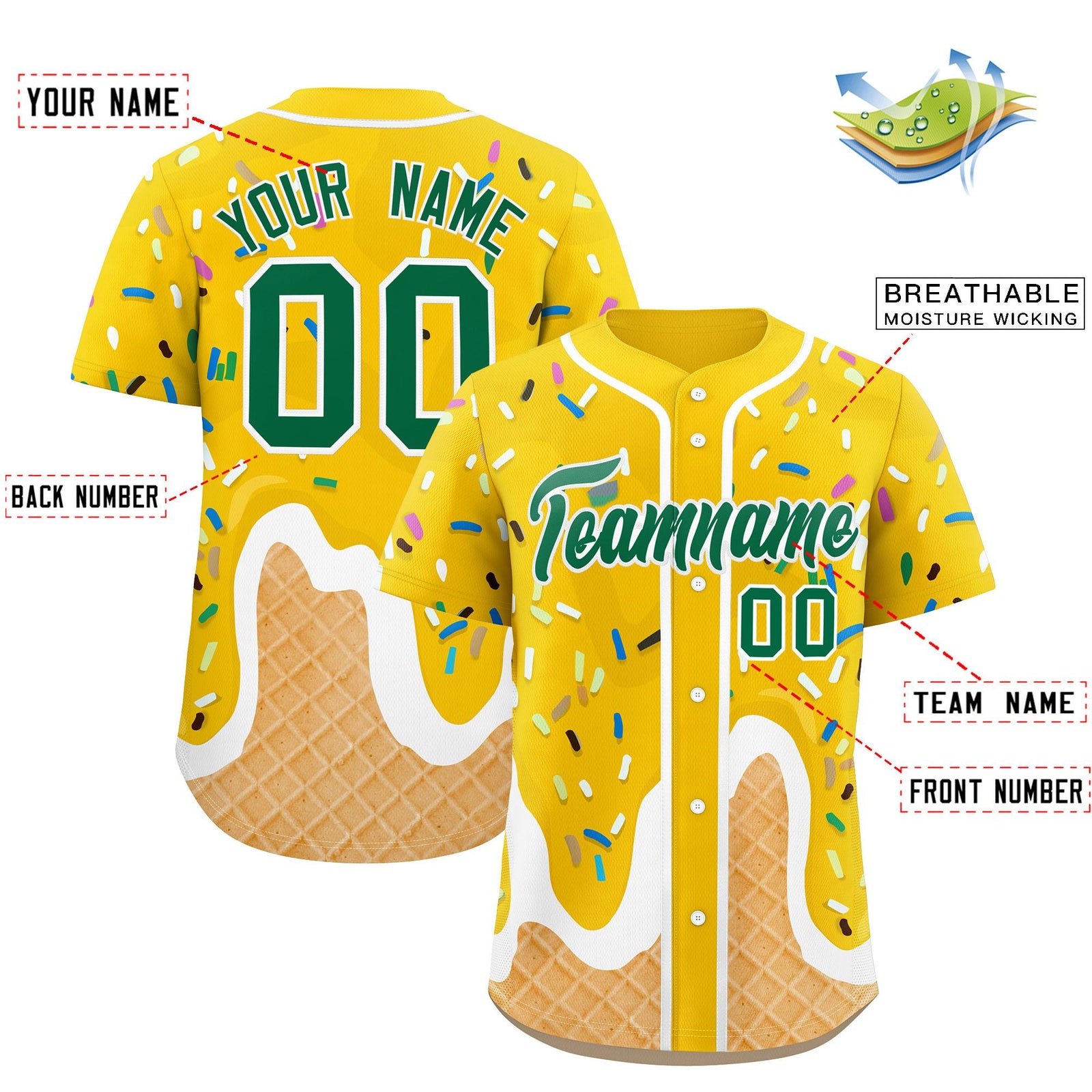 Custom Gold Ice Cream Cone Graffiti Pattern Fashion Authentic Baseball Jersey
