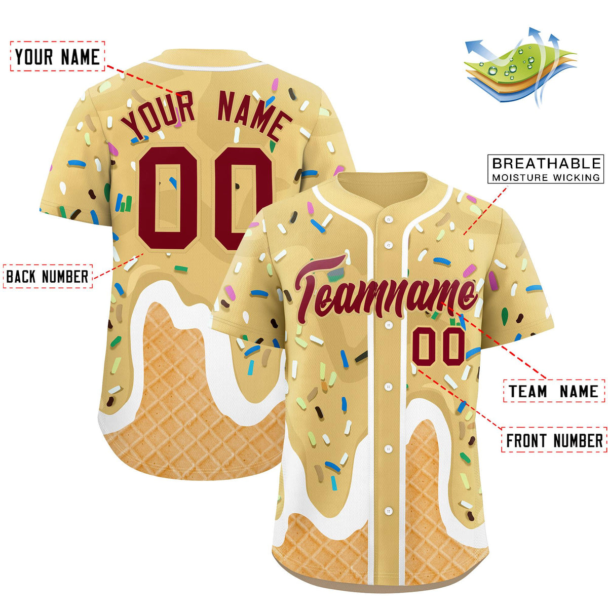 Custom Khaki Ice Cream Cone Graffiti Pattern Fashion Authentic Baseball Jersey