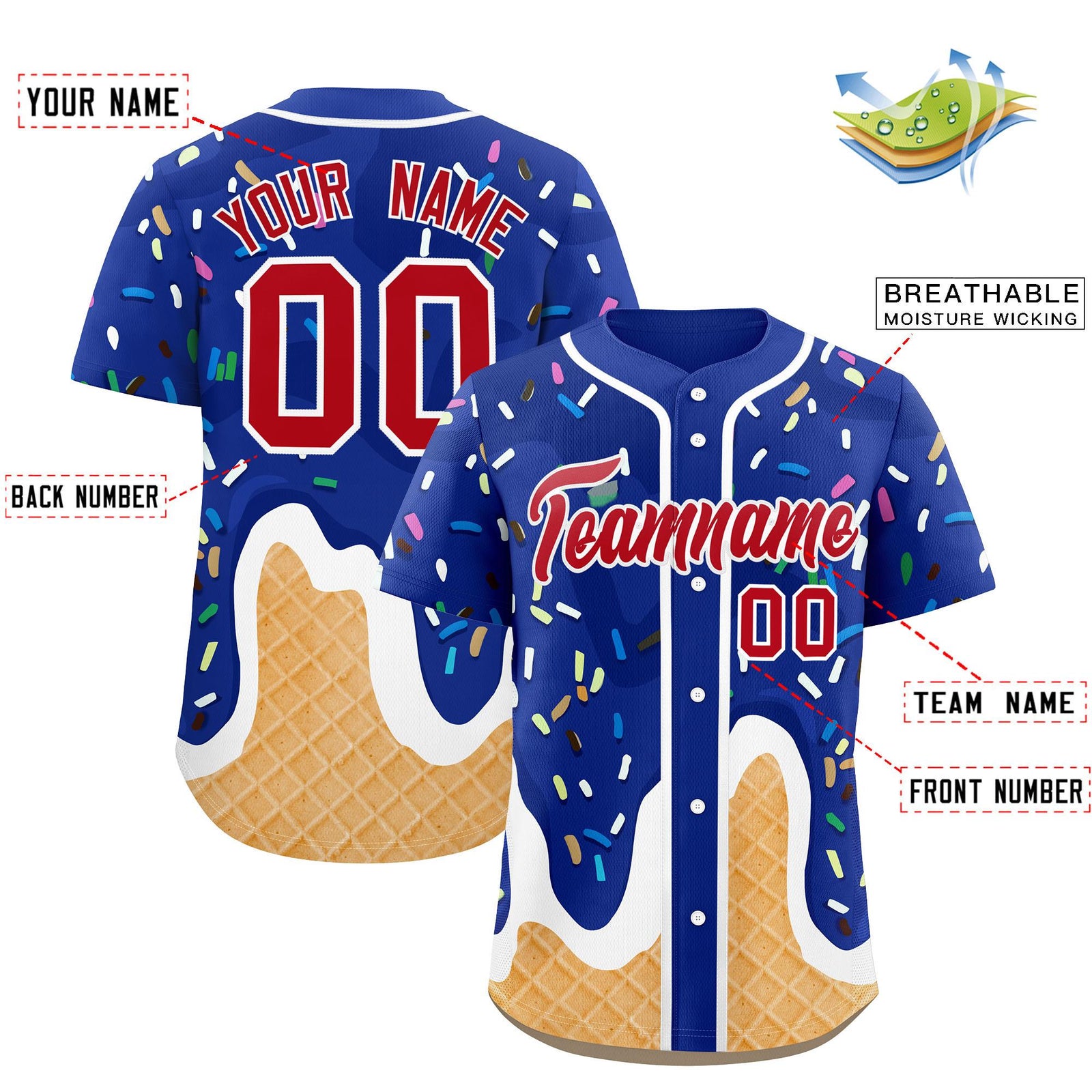 Custom Royal Ice Cream Cone Graffiti Pattern Fashion Authentic Baseball Jersey