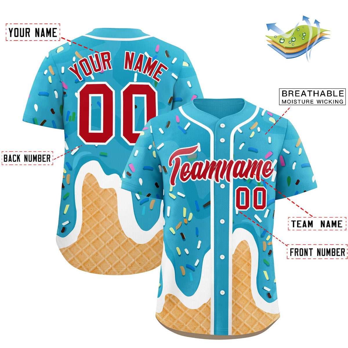 Custom Sky Blue Ice Cream Cone Graffiti Pattern Fashion Authentic Baseball Jersey