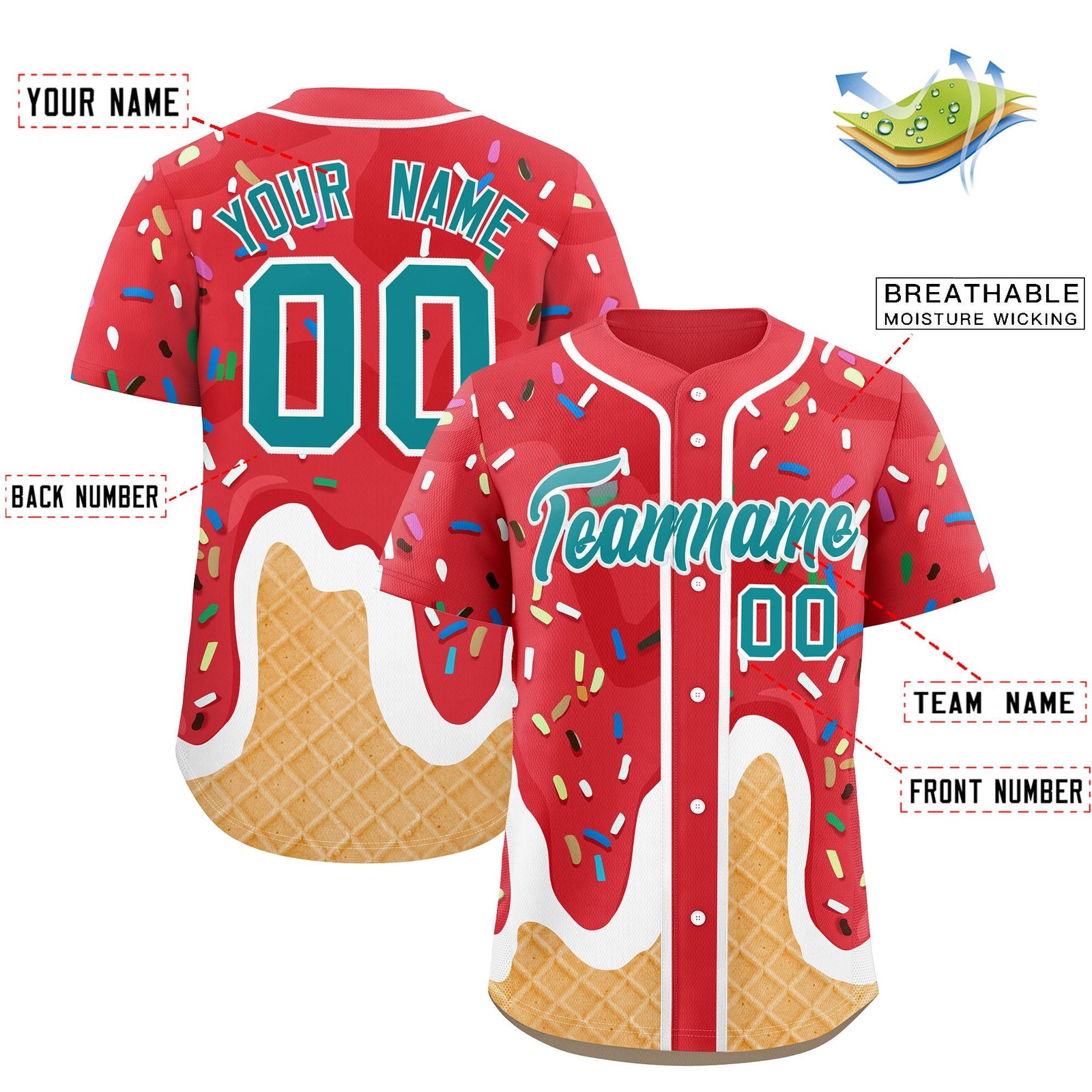 Custom Light Red Ice Cream Cone Graffiti Pattern Fashion Authentic Baseball Jersey