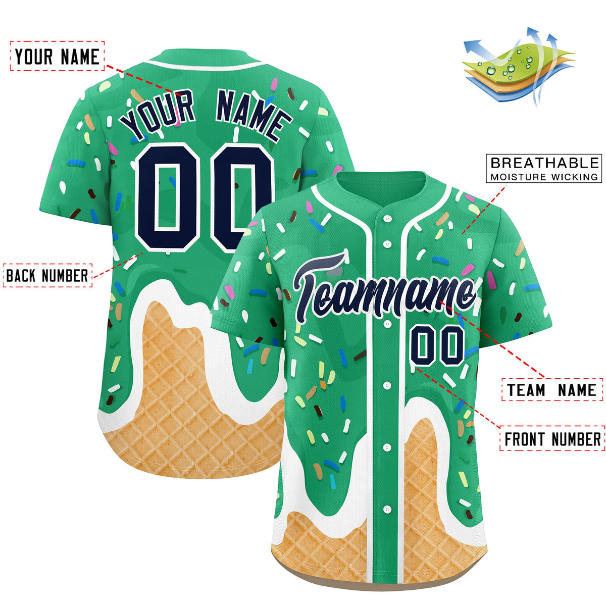 Custom Brilliant Green Ice Cream Cone Graffiti Pattern Fashion Authentic Baseball Jersey