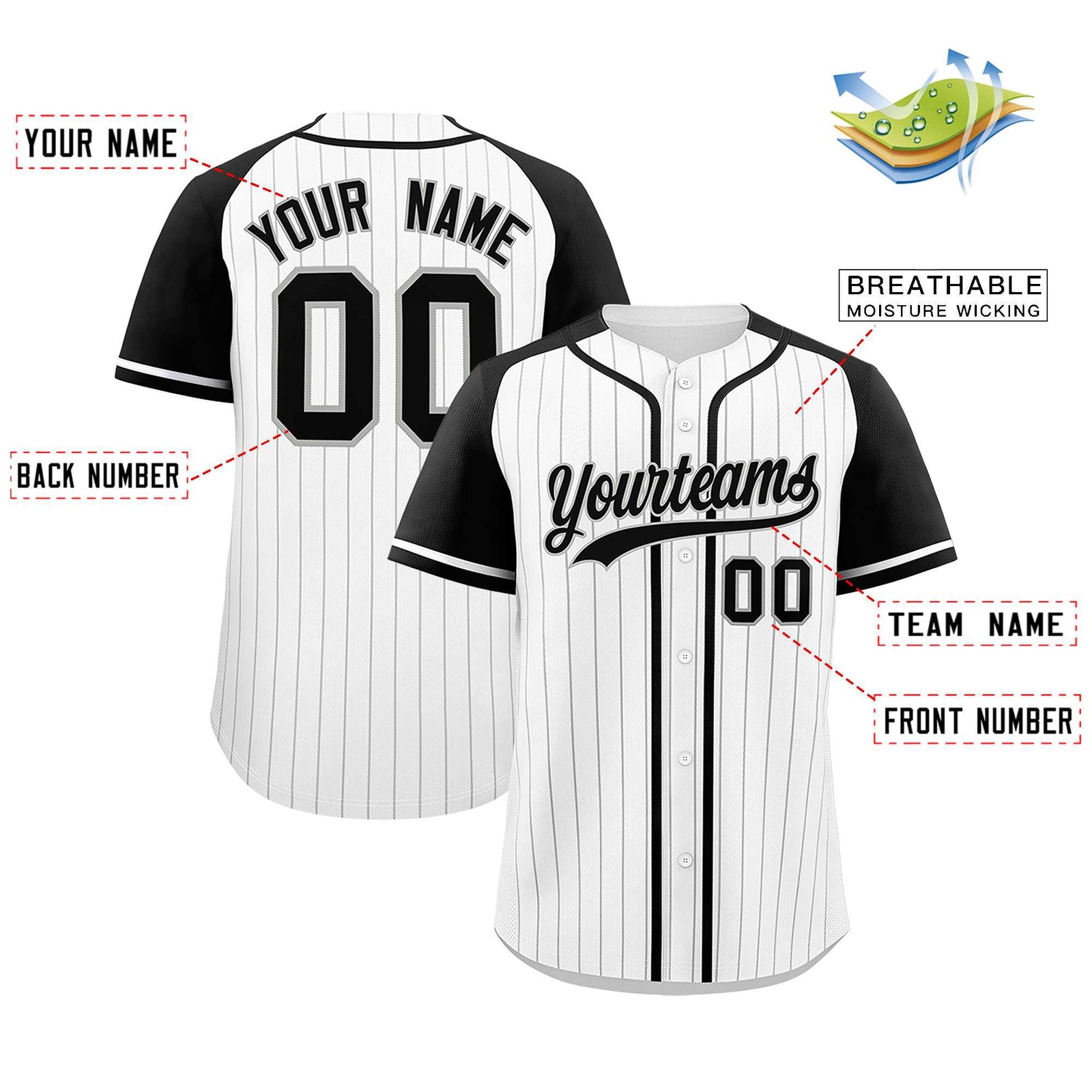Custom White Black Stripe Fashion Raglan Sleeves Authentic Baseball Jersey
